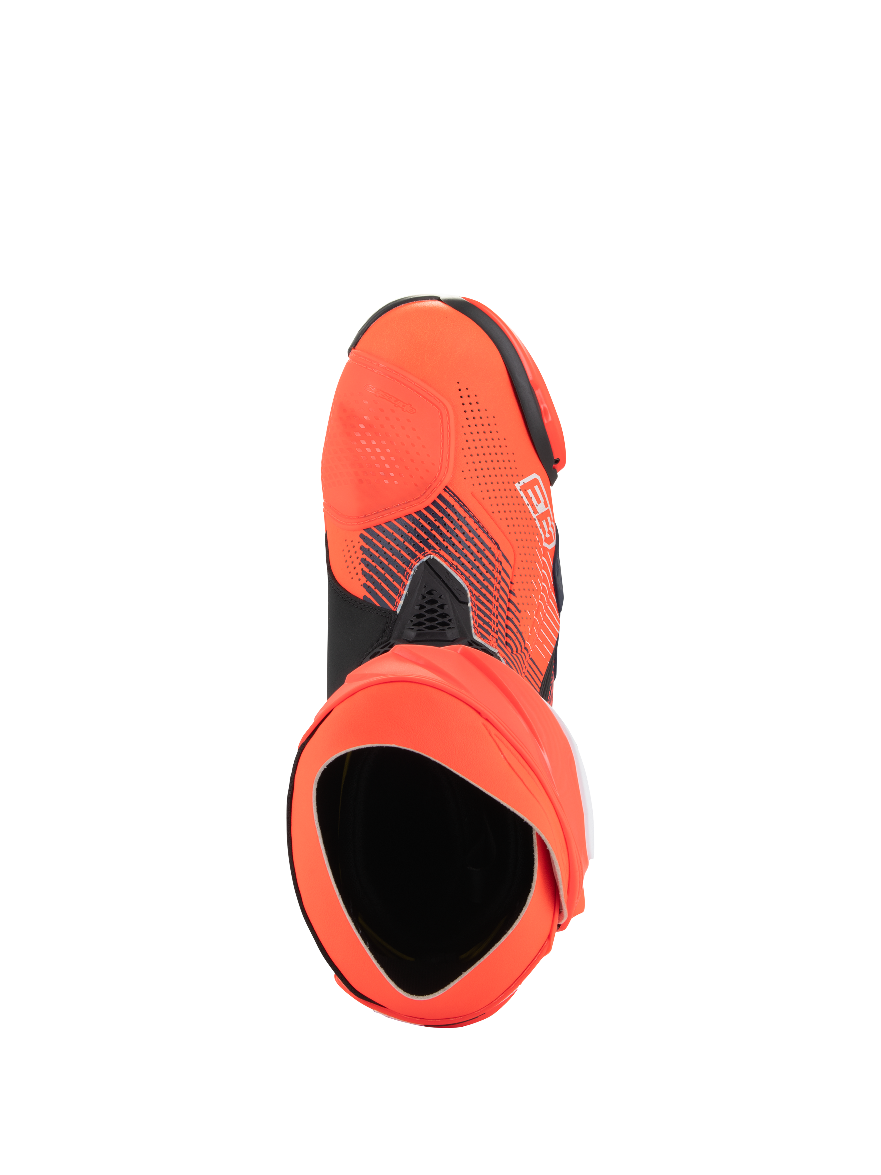 Buty Alpinestars Supertech R Vented MM93 Replica, wysokiej klasy sportowe buty motocyklowe, czerwone fluo i granatowe, widok z góry pokazujący otwór i konstrukcję buta wewnętrznego, cholewka z perforowanej mikrofibry z grafiką sygnowaną przez Marca Márqueza