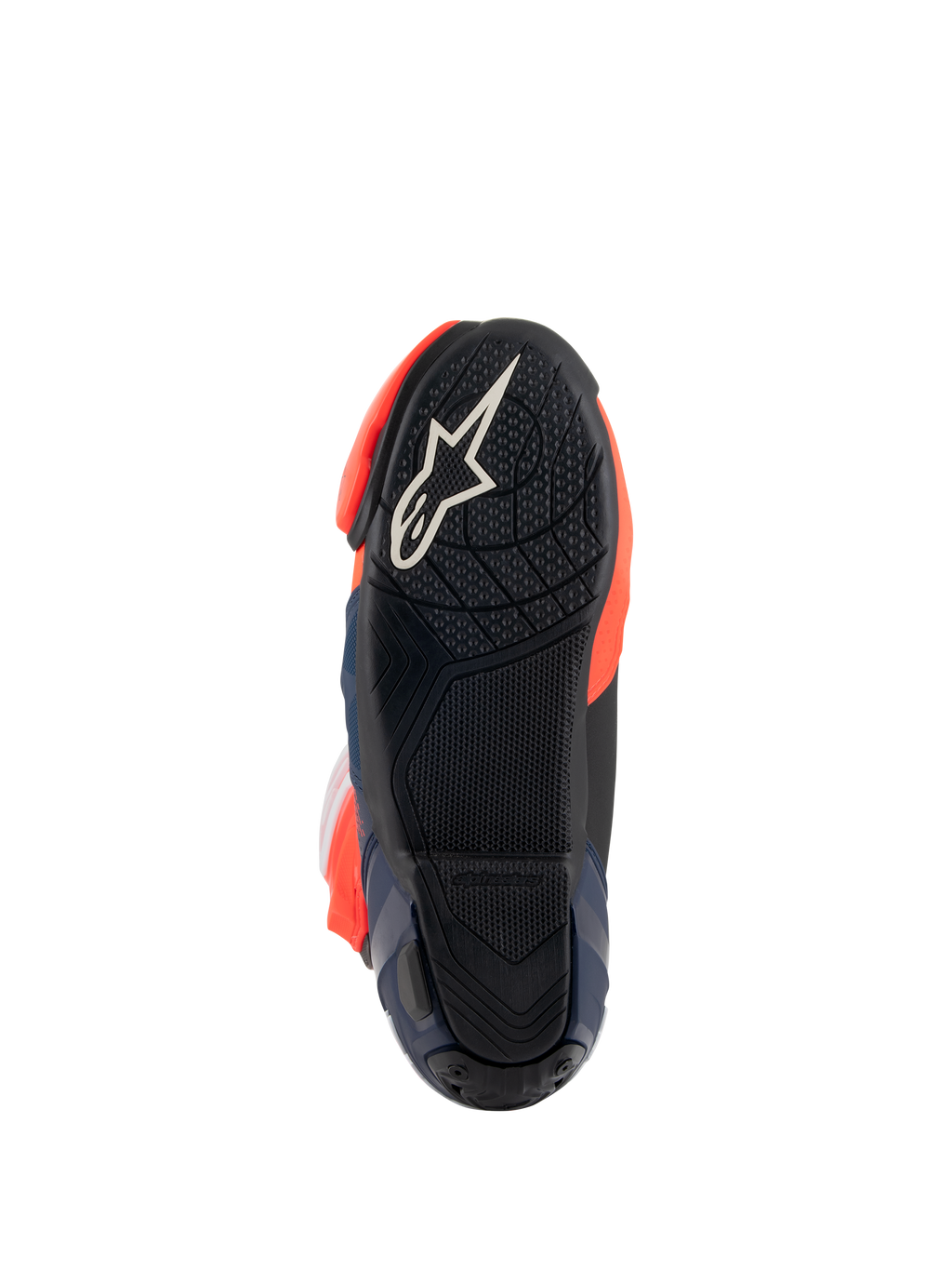 Buty Alpinestars Supertech R Vented MM93 Replica, widok podeszwy przedstawiający czarną gumową podeszwę zewnętrzną z białym logo gwiazdy, teksturowany wzór przyczepności na podnóżki, akcenty w kolorze czerwonym fluo i ciemnoniebieskim, sportowy design wyścigowy