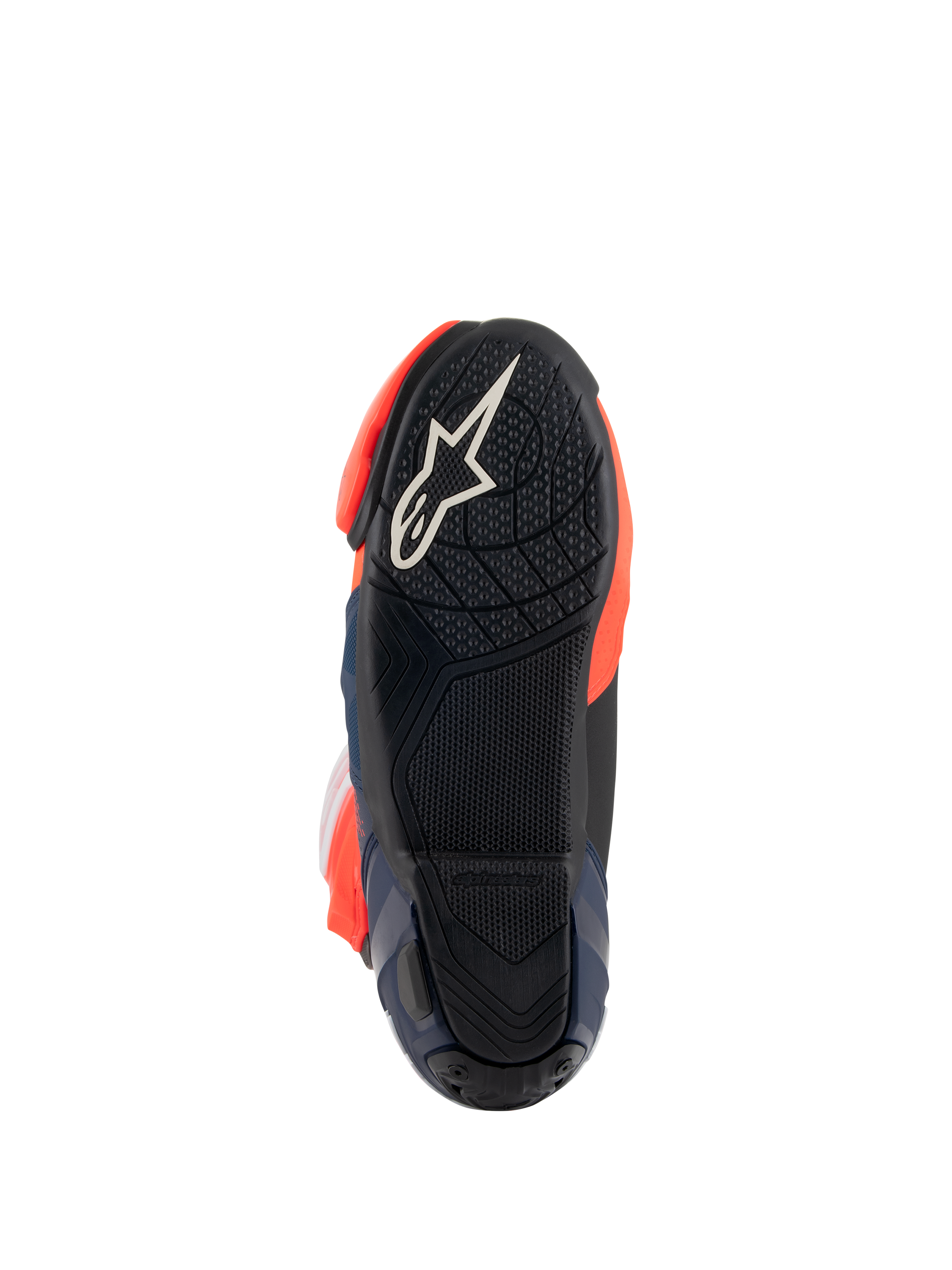 Buty Alpinestars Supertech R Vented MM93 Replica, widok podeszwy przedstawiający czarną gumową podeszwę zewnętrzną z białym logo gwiazdy, teksturowany wzór przyczepności na podnóżki, akcenty w kolorze czerwonym fluo i ciemnoniebieskim, sportowy design wyścigowy