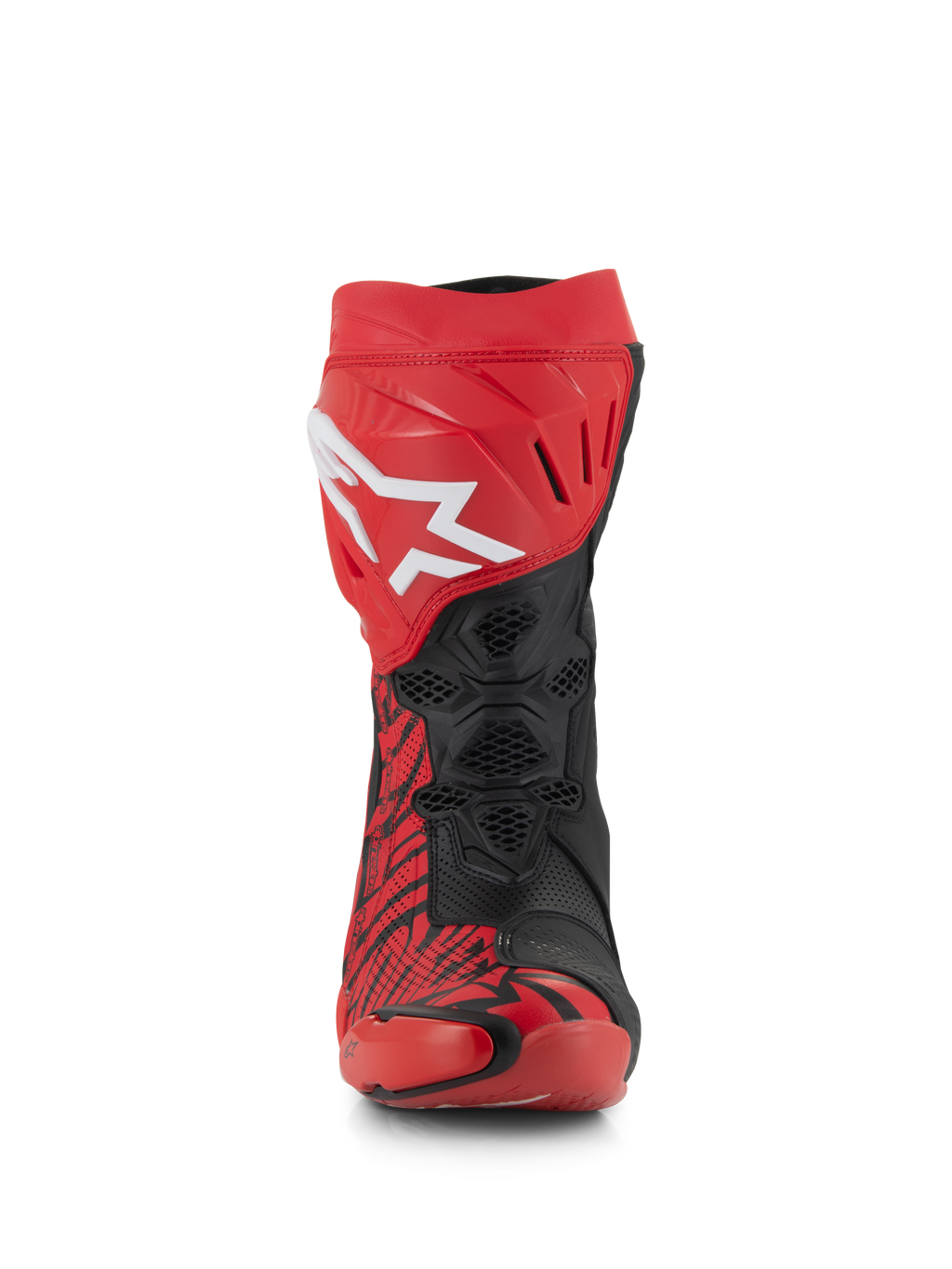 Alpinestars Supertech R LE Pecco Bagnaia Vented Boots, czerwono-czarne buty wyścigowe, widok z przodu, duże białe logo Alpinestars na czerwonym ochraniaczu goleni, czarne strefy z perforowanej siateczki dla maksymalnego przepływu powietrza, wyraziste czerwono-czarne wzory graficzne