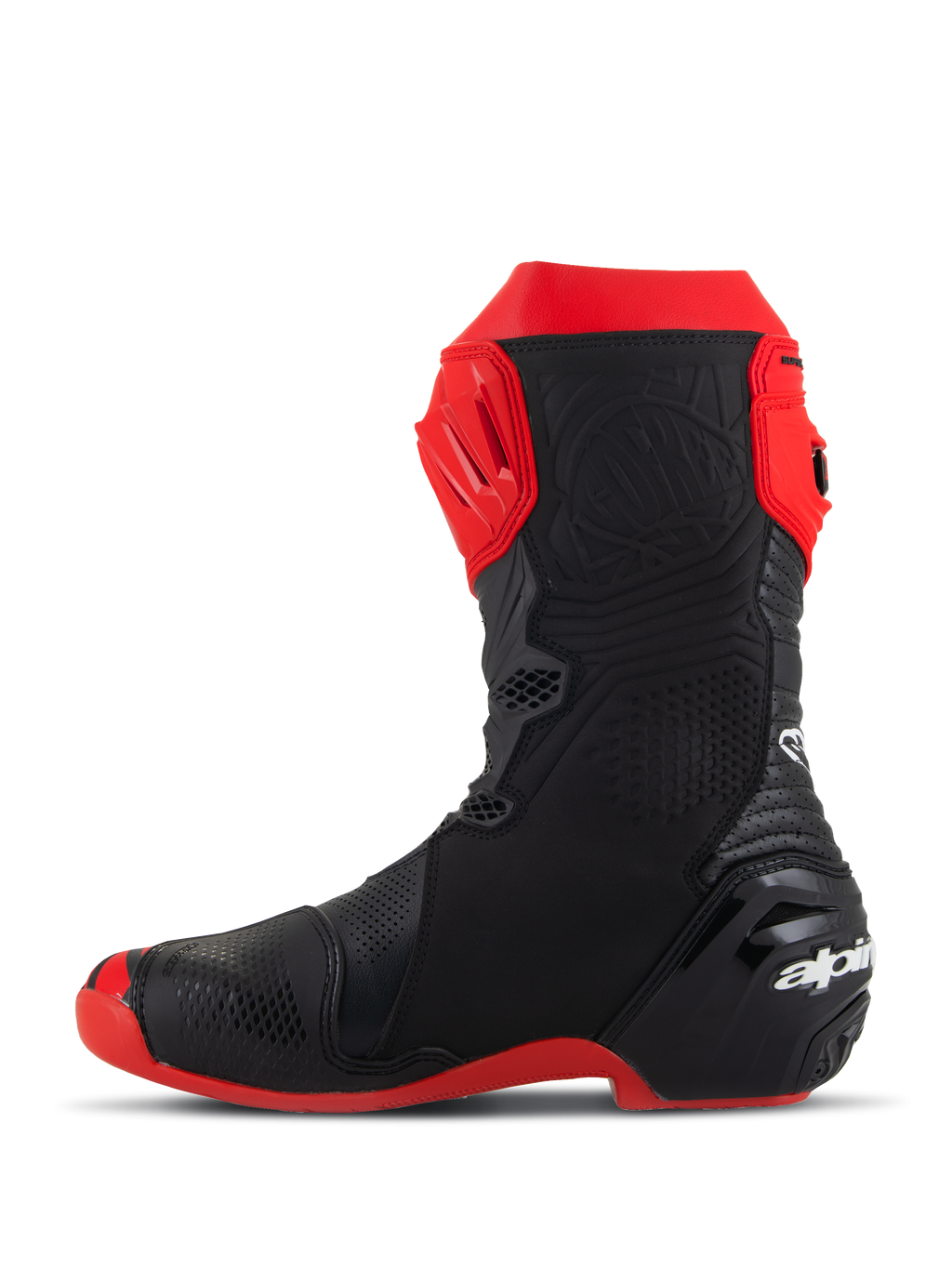 Alpinestars Supertech R LE Pecco Bagnaia Vented Boots, motocyklowe buty wyścigowe, czerwono-czarne, widok z boku, z licznymi perforacjami, czerwoną płytką goleniową TPU, wzmocnioną piętą i czerwoną podeszwą, aerodynamiczny design do wyścigów wyczynowych