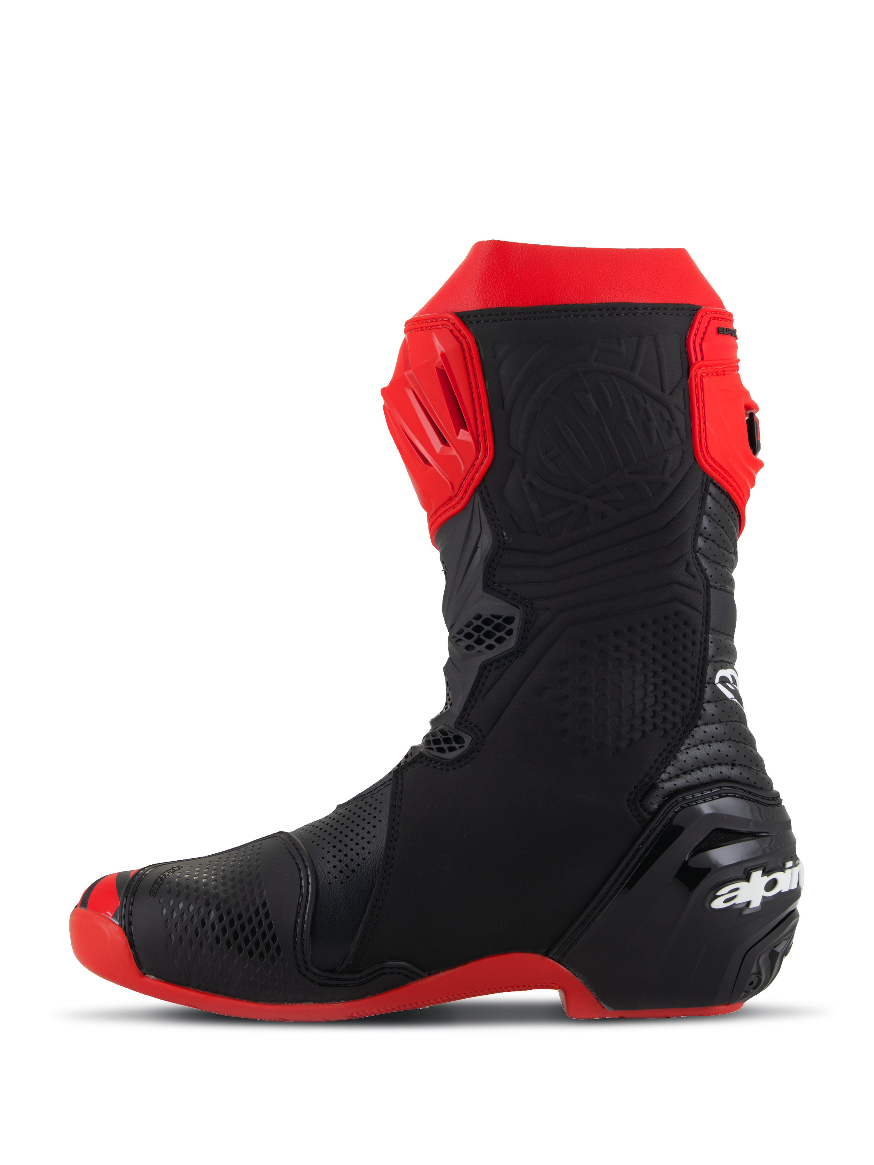 Alpinestars Supertech R LE Pecco Bagnaia Vented Boots, motocyklowe buty wyścigowe, czerwono-czarne, widok z boku, z licznymi perforacjami, czerwoną płytką goleniową TPU, wzmocnioną piętą i czerwoną podeszwą, aerodynamiczny design do wyścigów wyczynowych
