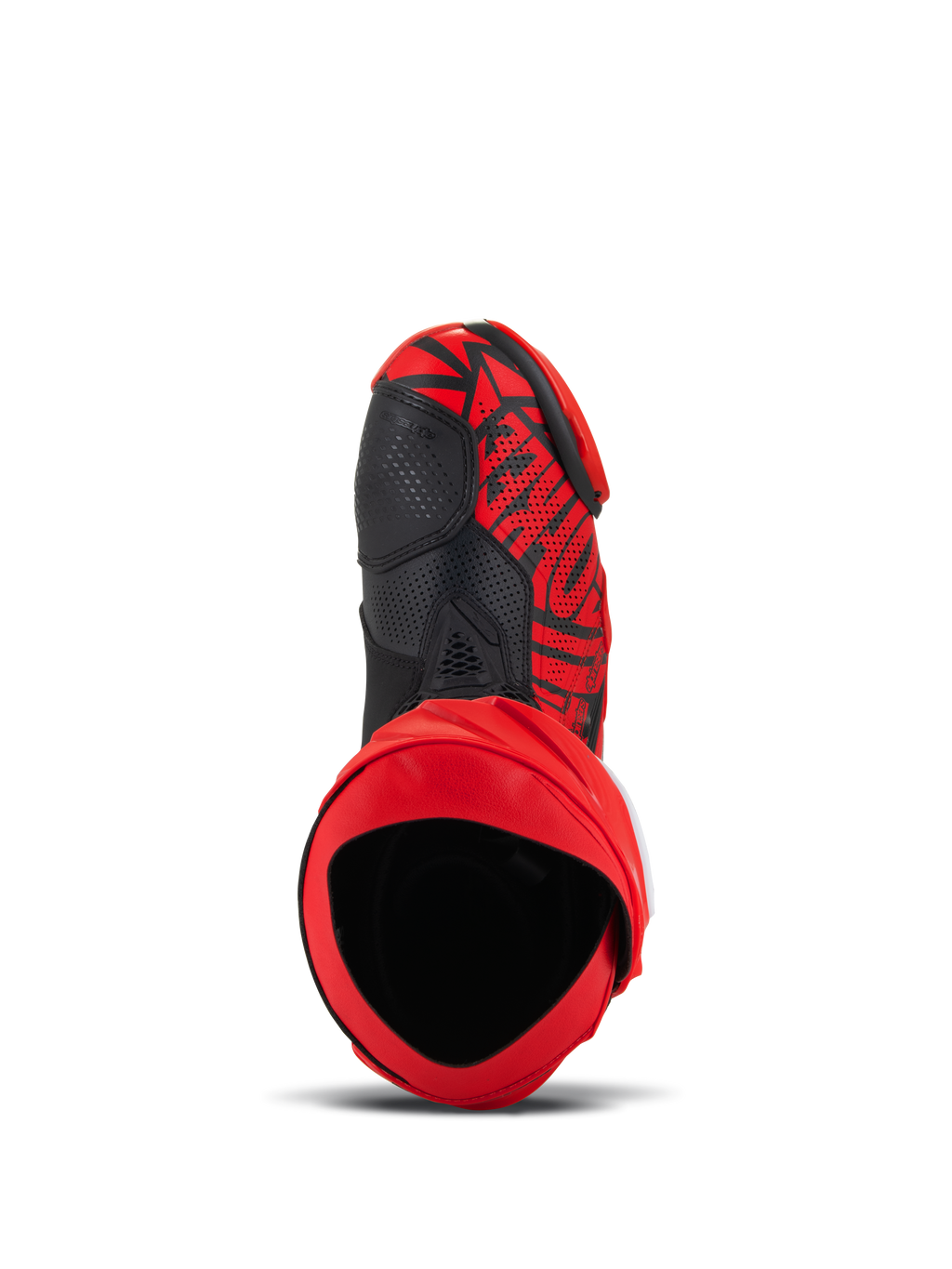 Buty Alpinestars Supertech R LE Pecco Bagnaia Vented, czerwono-czarne, widok z góry ukazujący otwór wewnętrzny i cholewkę z perforowanej mikrofibry, wyrazisty wzór graficzny z czarnymi akcentami, profesjonalny sprzęt do wyścigów motocyklowych