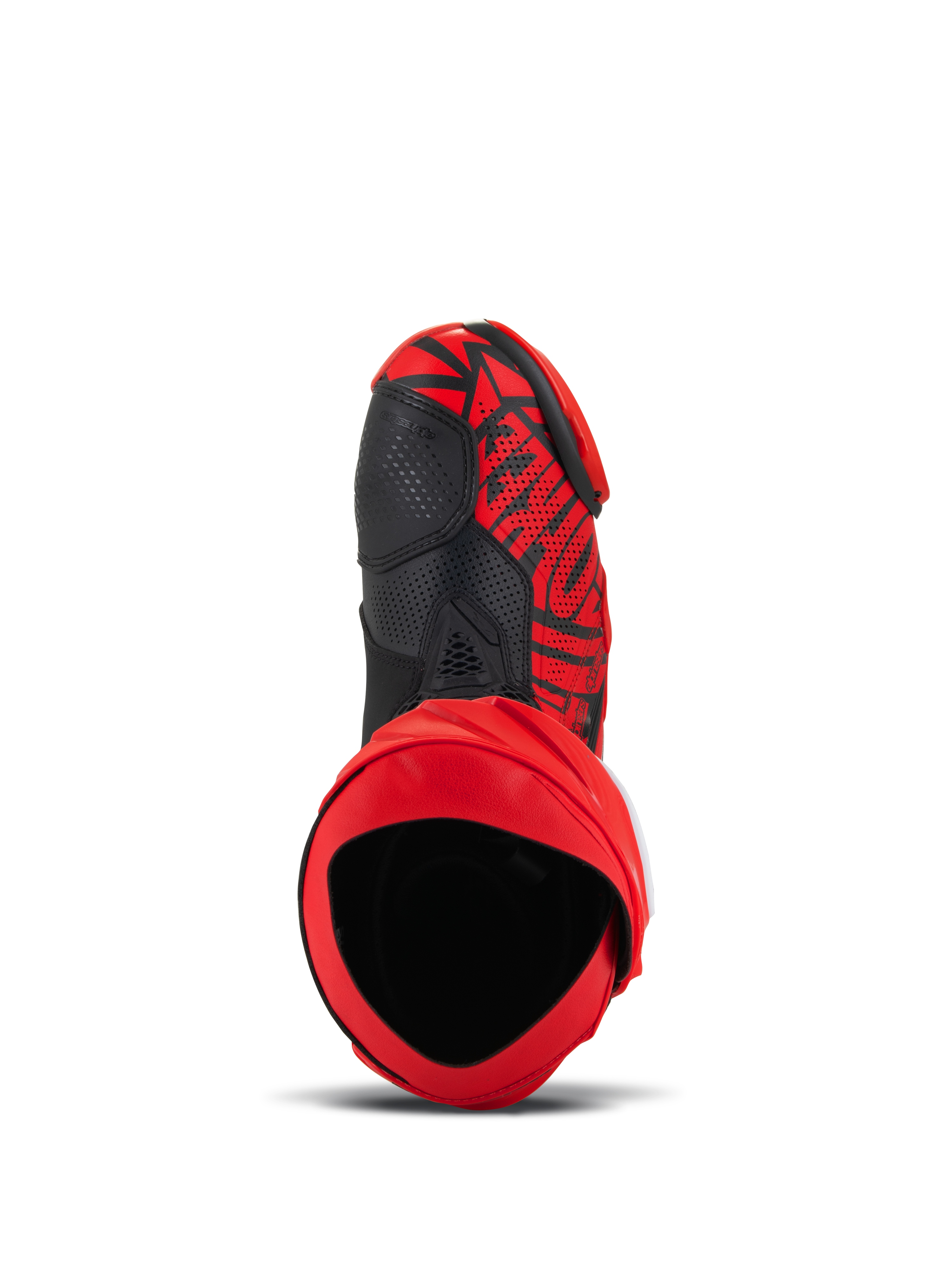 Buty Alpinestars Supertech R LE Pecco Bagnaia Vented, czerwono-czarne, widok z góry ukazujący otwór wewnętrzny i cholewkę z perforowanej mikrofibry, wyrazisty wzór graficzny z czarnymi akcentami, profesjonalny sprzęt do wyścigów motocyklowych