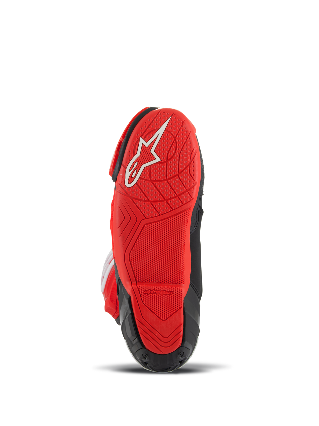 Alpinestars Supertech R LE Pecco Bagnaia Vented Boots, buty motocyklowe wyścigowe, czerwono-czarne, widok od dołu przedstawiający czerwoną gumową podeszwę z białym logo i teksturowanym bieżnikiem zapewniającym przyczepność
