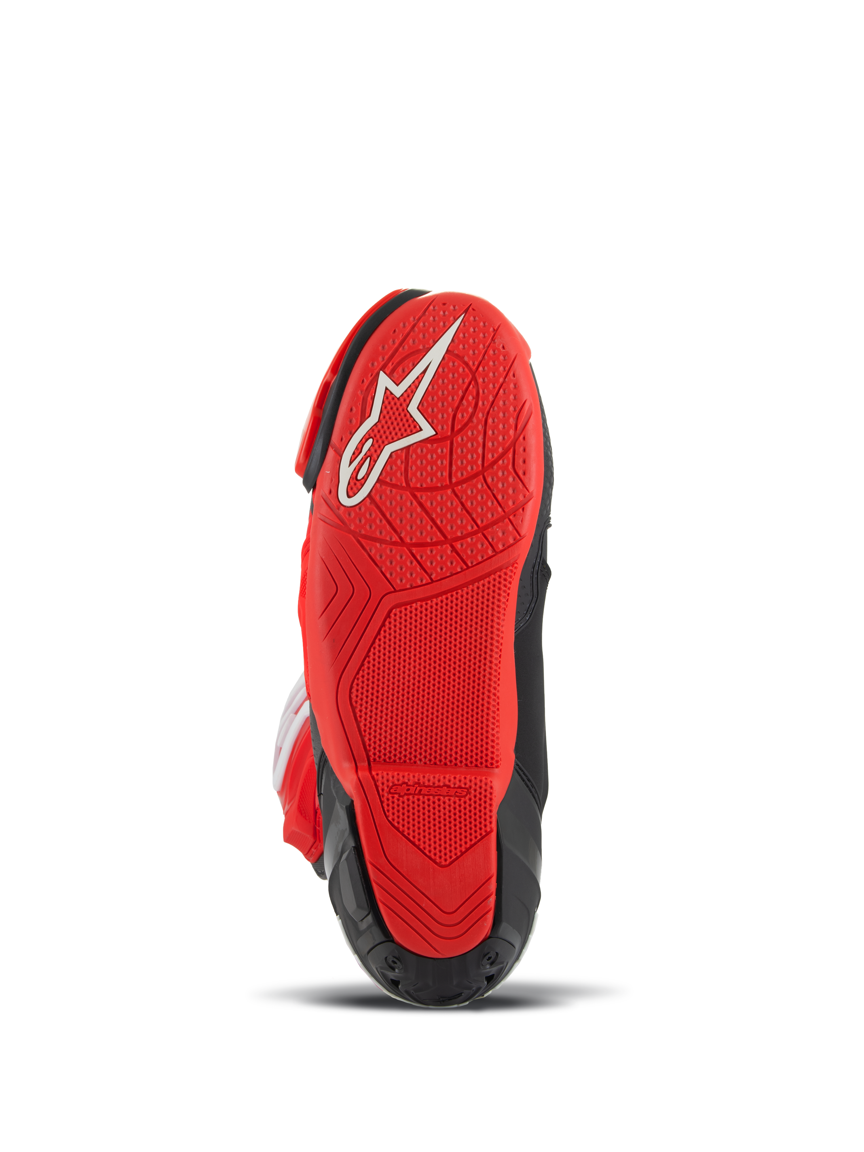 Alpinestars Supertech R LE Pecco Bagnaia Vented Boots, buty motocyklowe wyścigowe, czerwono-czarne, widok od dołu przedstawiający czerwoną gumową podeszwę z białym logo i teksturowanym bieżnikiem zapewniającym przyczepność