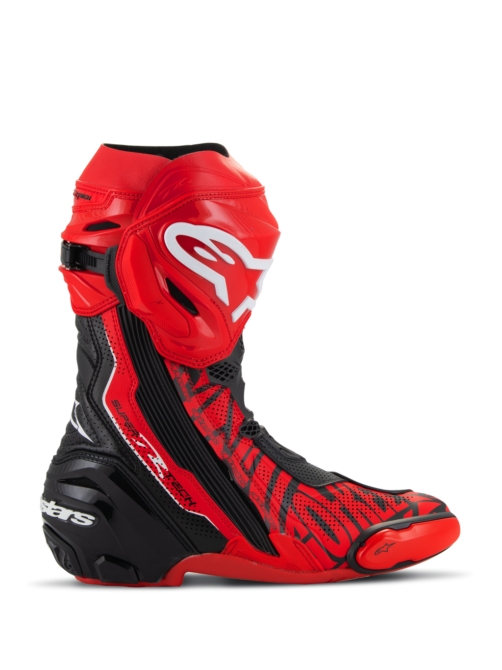 Alpinestars Supertech R LE Pecco Bagnaia Vented Boots, buty motocyklowe wyścigowe, czerwone z czarnymi i białymi akcentami, perforowana konstrukcja z mikrofibry zapewniająca przepływ powietrza, czerwony ochraniacz goleni TPU z białym logo, czarna wzmocniona pięta i wymienne ślizgacze palców, profesjonalny design torowy
