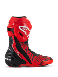 Alpinestars Supertech R LE Pecco Bagnaia Vented Boots, buty motocyklowe wyścigowe, czerwone z czarnymi i białymi akcentami, perforowana konstrukcja z mikrofibry zapewniająca przepływ powietrza, czerwony ochraniacz goleni TPU z białym logo, czarna wzmocniona pięta i wymienne ślizgacze palców, profesjonalny design torowy