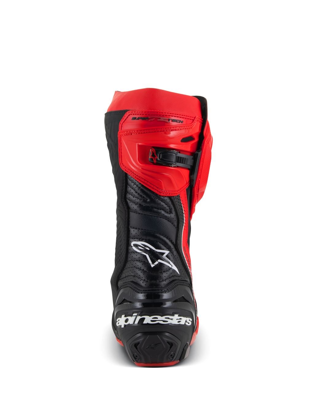 Alpinestars Supertech R LE Pecco Bagnaia Vented Boots, widok z tyłu czerwono-czarnego motocyklowego buta wyścigowego, perforowana skóra, białe logo Alpinestars z tyłu, regulowane zapięcie zapadkowe, profesjonalny sprzęt torowy