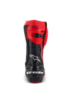 Alpinestars Supertech R LE Pecco Bagnaia Vented Boots, widok z tyłu czerwono-czarnego motocyklowego buta wyścigowego, perforowana skóra, białe logo Alpinestars z tyłu, regulowane zapięcie zapadkowe, profesjonalny sprzęt torowy