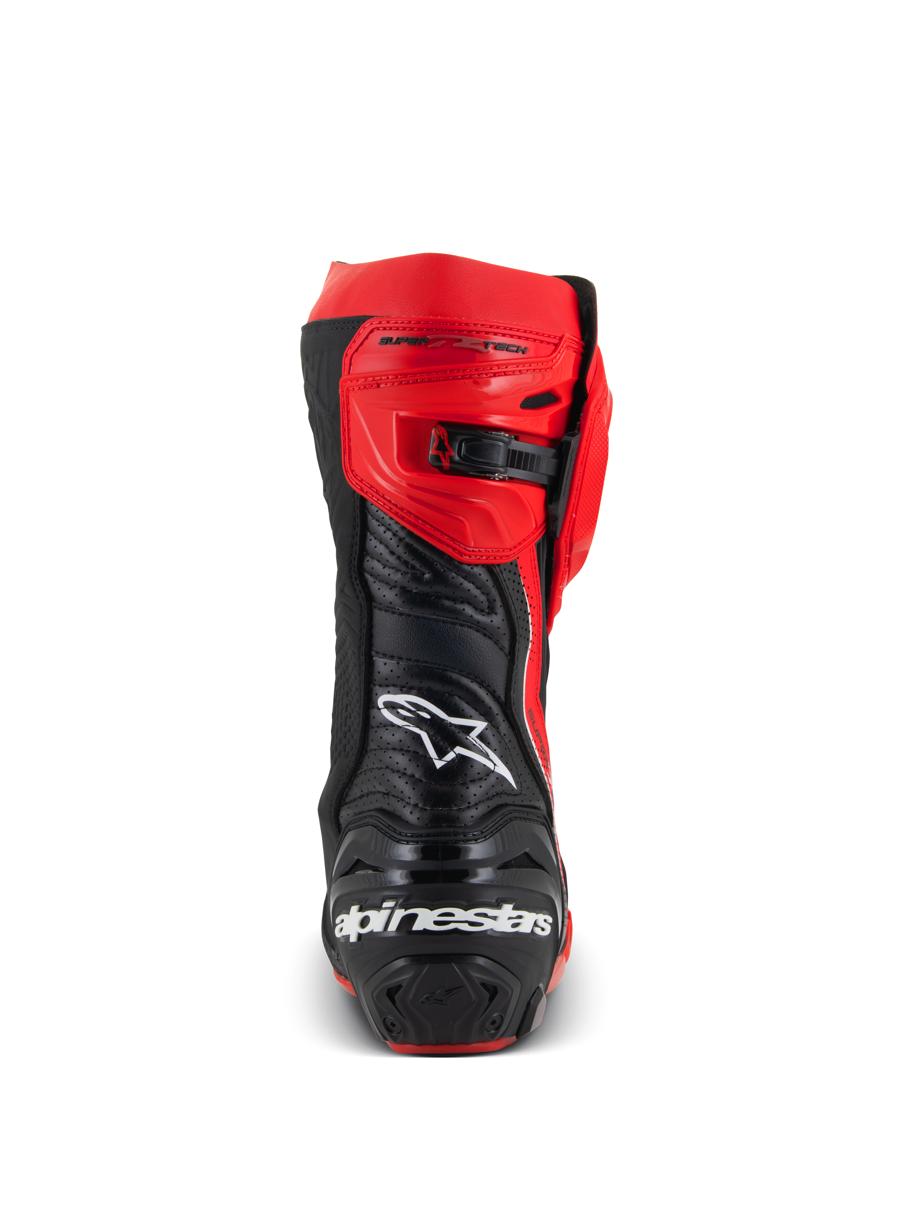 Alpinestars Supertech R LE Pecco Bagnaia Vented Boots, widok z tyłu czerwono-czarnego motocyklowego buta wyścigowego, perforowana skóra, białe logo Alpinestars z tyłu, regulowane zapięcie zapadkowe, profesjonalny sprzęt torowy