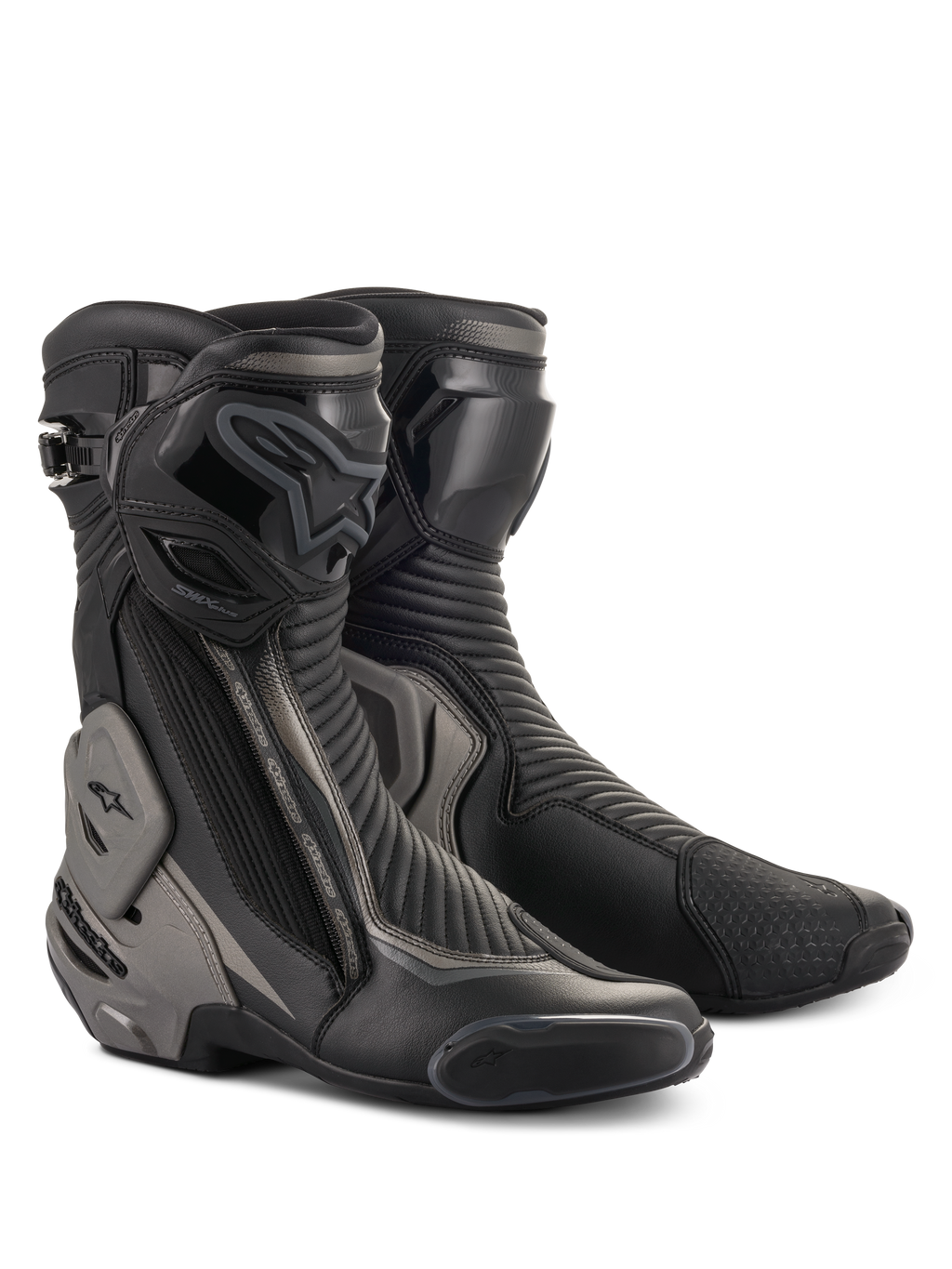 Buty Alpinestars SMX Plus V2, sportowe i wyścigowe buty motocyklowe, czarne i ciemnoszare, z zaawansowaną ochroną kostki Multi-Link Control, ochraniaczem goleni TPU i wymiennymi ślizgaczami, opływowa konstrukcja z mikrofibry do jazdy szosowej