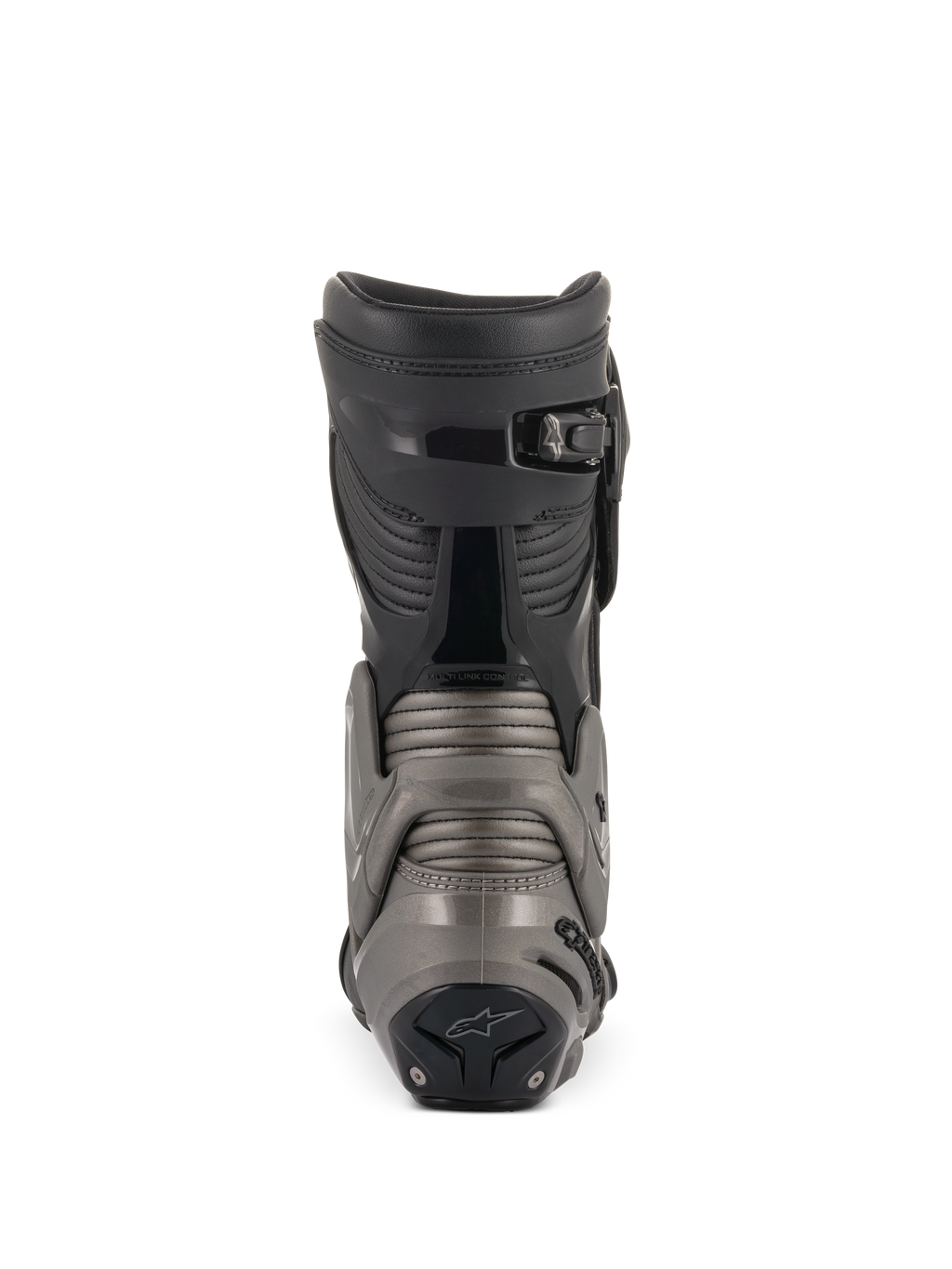 Buty Alpinestars SMX Plus V2, czarne i ciemnoszare, widok z tyłu prezentujący system Multi-Link Control, harmonijkowe panele na ścięgnie Achillesa oraz mikroregulowane zapięcie zapadkowe na górze, zaawansowana ochrona motocyklowa