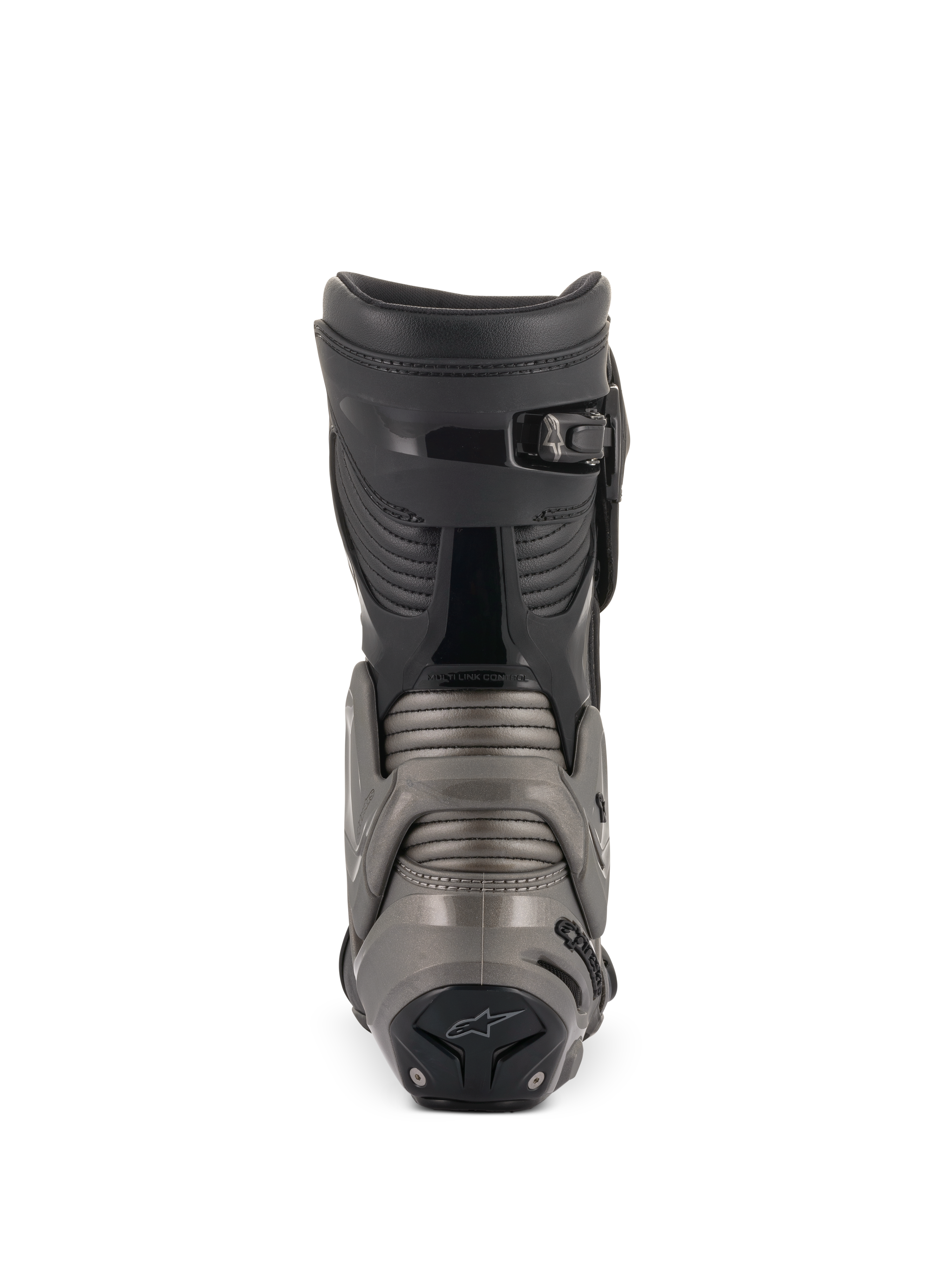 Buty Alpinestars SMX Plus V2, czarne i ciemnoszare, widok z tyłu prezentujący system Multi-Link Control, harmonijkowe panele na ścięgnie Achillesa oraz mikroregulowane zapięcie zapadkowe na górze, zaawansowana ochrona motocyklowa
