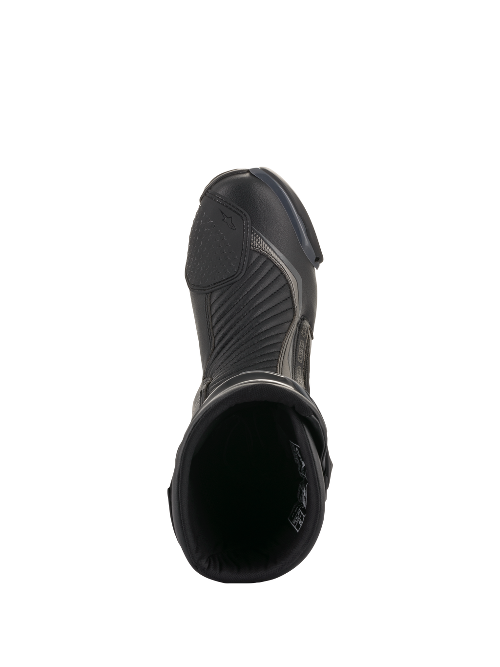 Buty Alpinestars SMX Plus V2, czarno-ciemnoszare, widok z góry na pojedynczy but motocyklowy wyścigowy, teksturowana nakładka na dźwignię zmiany biegów, harmonijkowe strefy elastyczne i otwarta konstrukcja góry, smukłe obuwie wyczynowe do jazdy szosowej