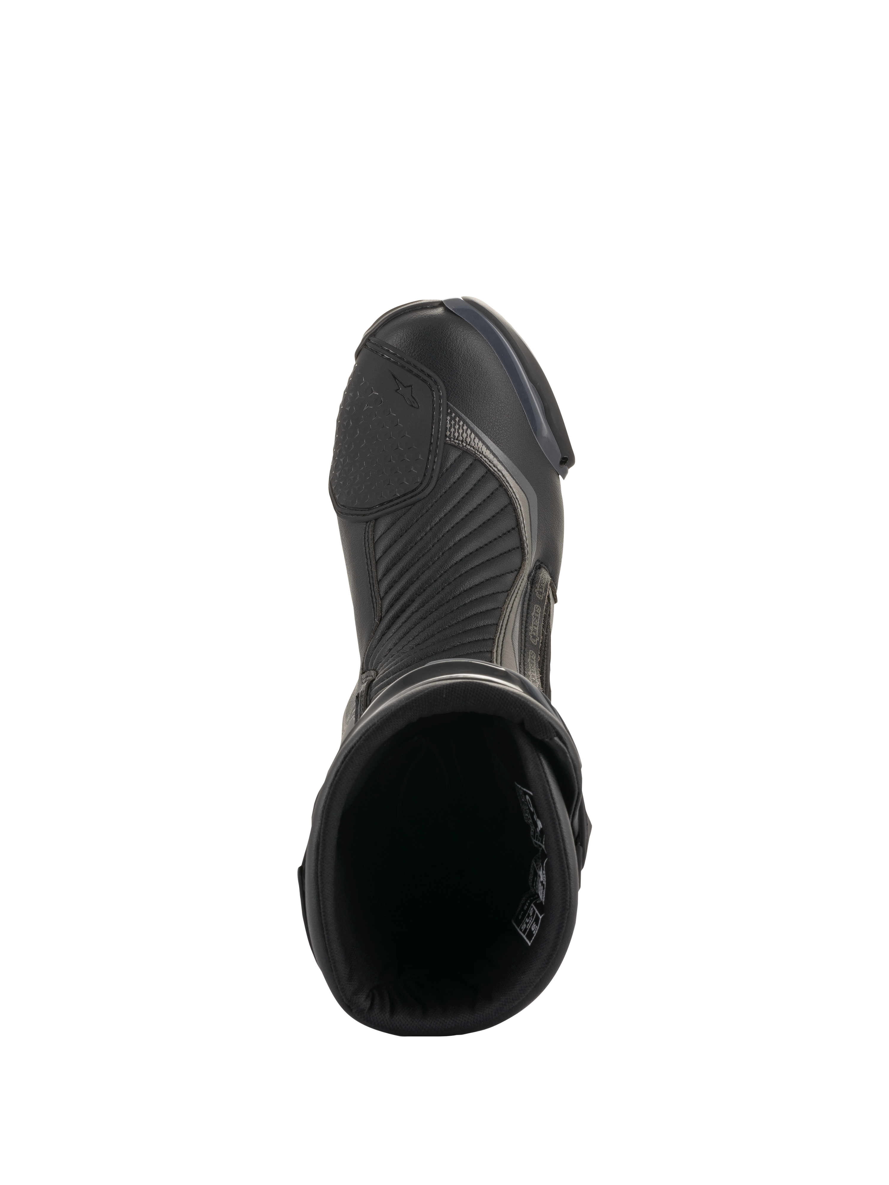 Buty Alpinestars SMX Plus V2, czarno-ciemnoszare, widok z góry na pojedynczy but motocyklowy wyścigowy, teksturowana nakładka na dźwignię zmiany biegów, harmonijkowe strefy elastyczne i otwarta konstrukcja góry, smukłe obuwie wyczynowe do jazdy szosowej