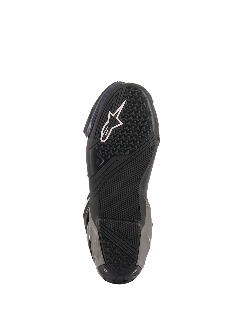 Buty Alpinestars SMX Plus V2, sportowe buty motocyklowe, czarno-ciemnoszare, widok od spodu na teksturowaną gumową podeszwę z białym logo Astar i specjalistycznymi strefami przyczepności dla lepszego trzymania podnóżków.