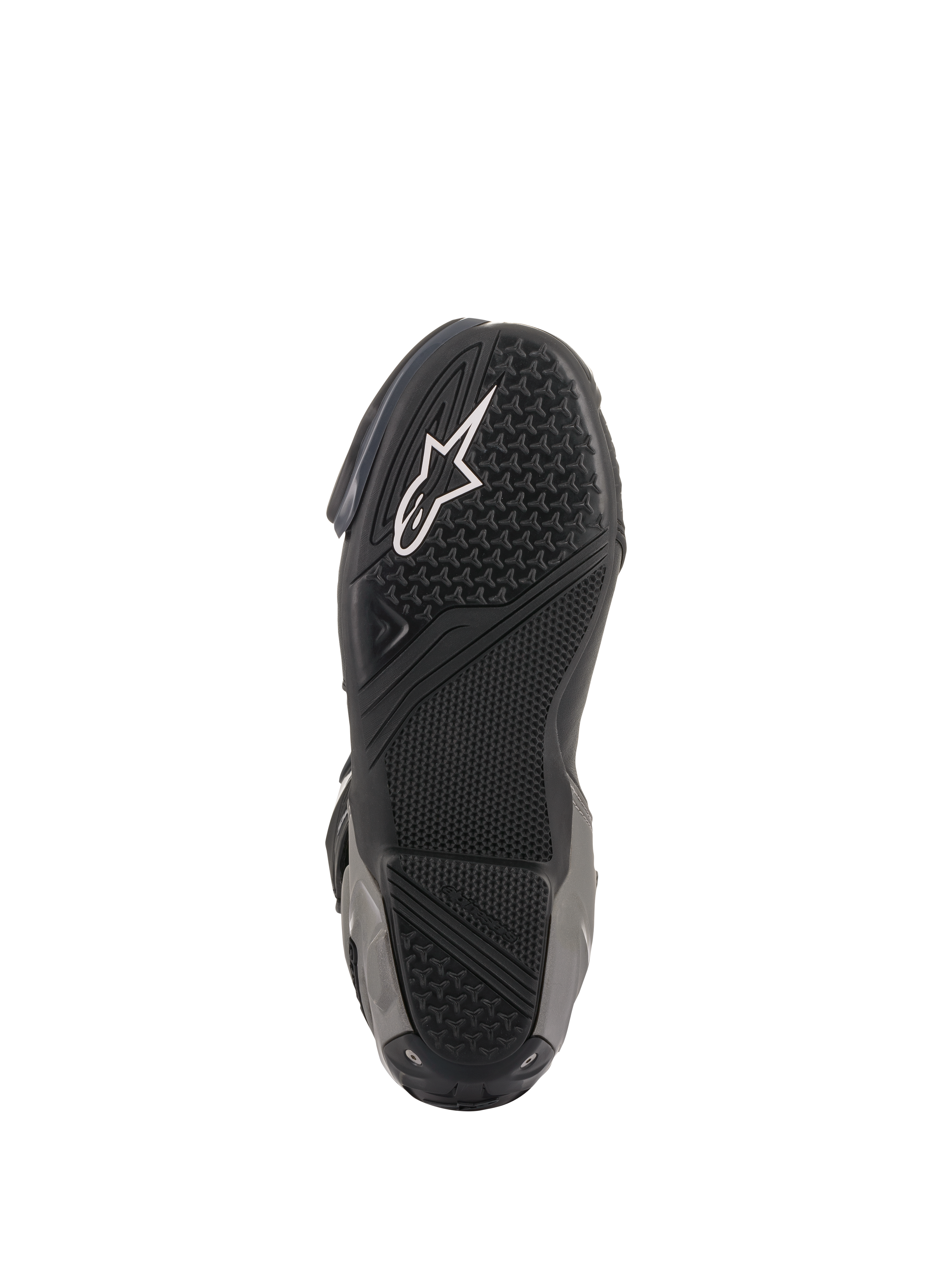 Buty Alpinestars SMX Plus V2, sportowe buty motocyklowe, czarno-ciemnoszare, widok od spodu na teksturowaną gumową podeszwę z białym logo Astar i specjalistycznymi strefami przyczepności dla lepszego trzymania podnóżków.