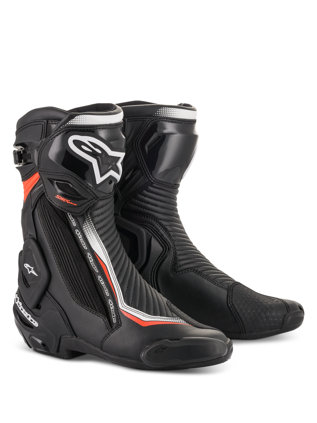 Alpinestars SMX Plus V2, buty motocyklowe wyścigowe, czarne z białymi i czerwonymi akcentami oraz ochroną TPU.