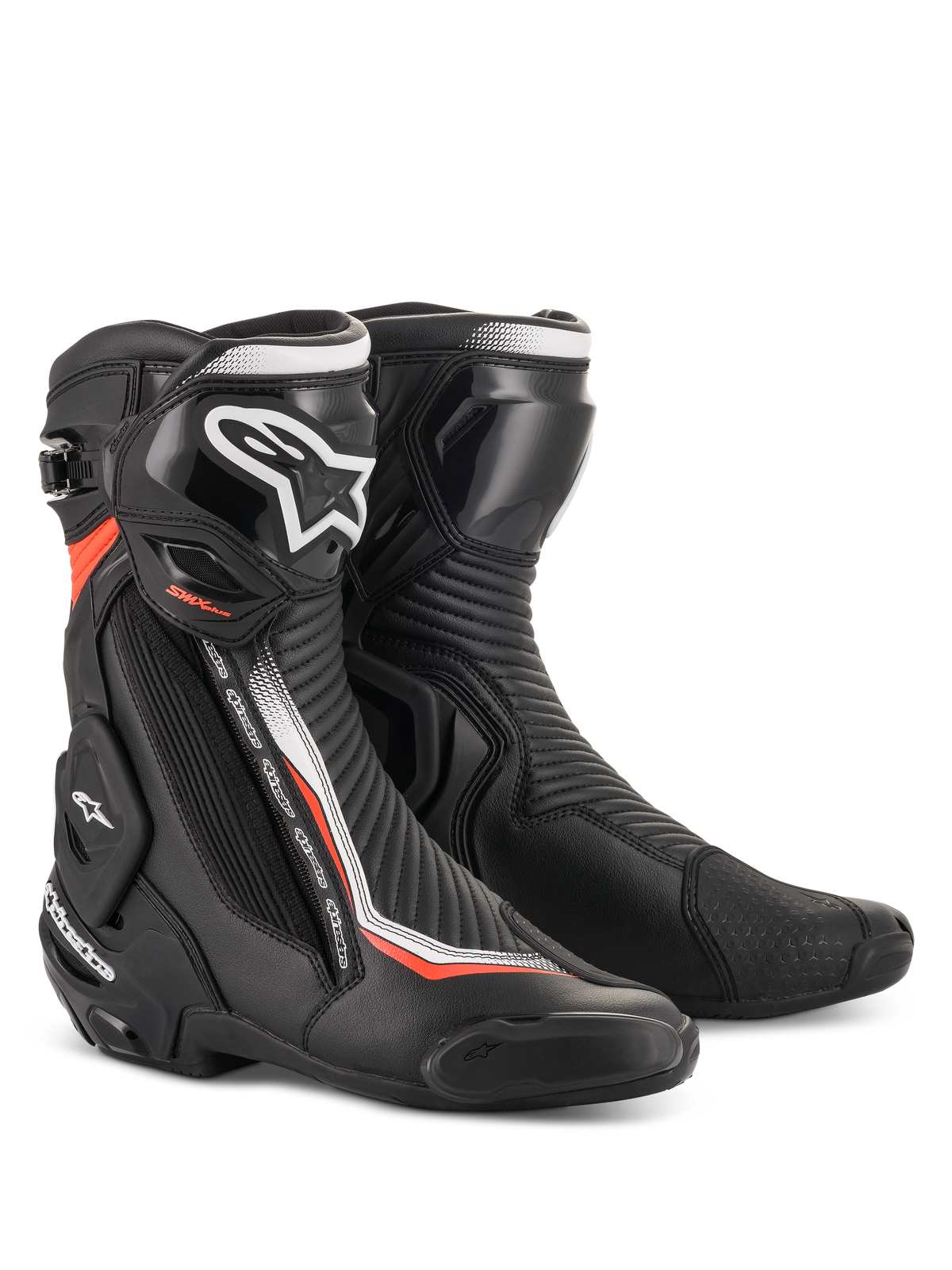 Alpinestars SMX Plus V2, buty motocyklowe wyścigowe, czarne z białymi i czerwonymi akcentami oraz ochroną TPU.