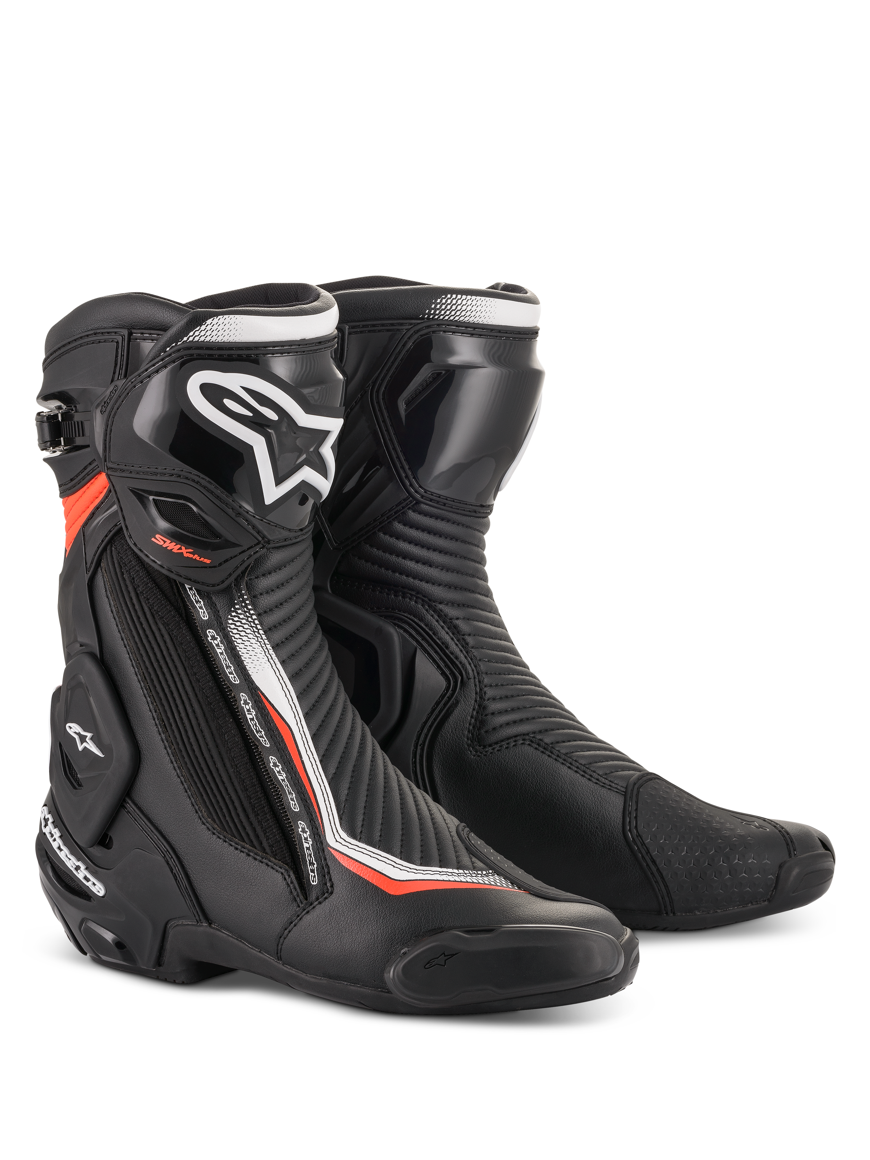 Alpinestars SMX Plus V2, buty motocyklowe wyścigowe, czarne z białymi i czerwonymi akcentami oraz ochroną TPU.