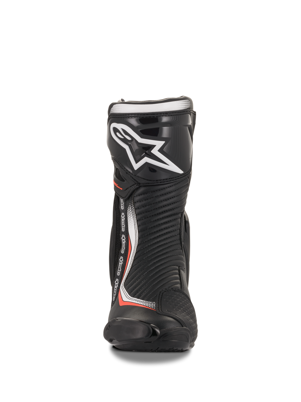 Buty Alpinestars SMX Plus V2, wyścigowe buty motocyklowe, czarno-czerwone fluo, widok z przodu, ochraniacz piszczeli TPU.