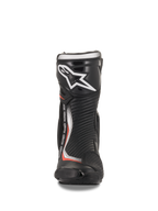 Buty Alpinestars SMX Plus V2, wyścigowe buty motocyklowe, czarno-czerwone fluo, widok z przodu, ochraniacz piszczeli TPU.