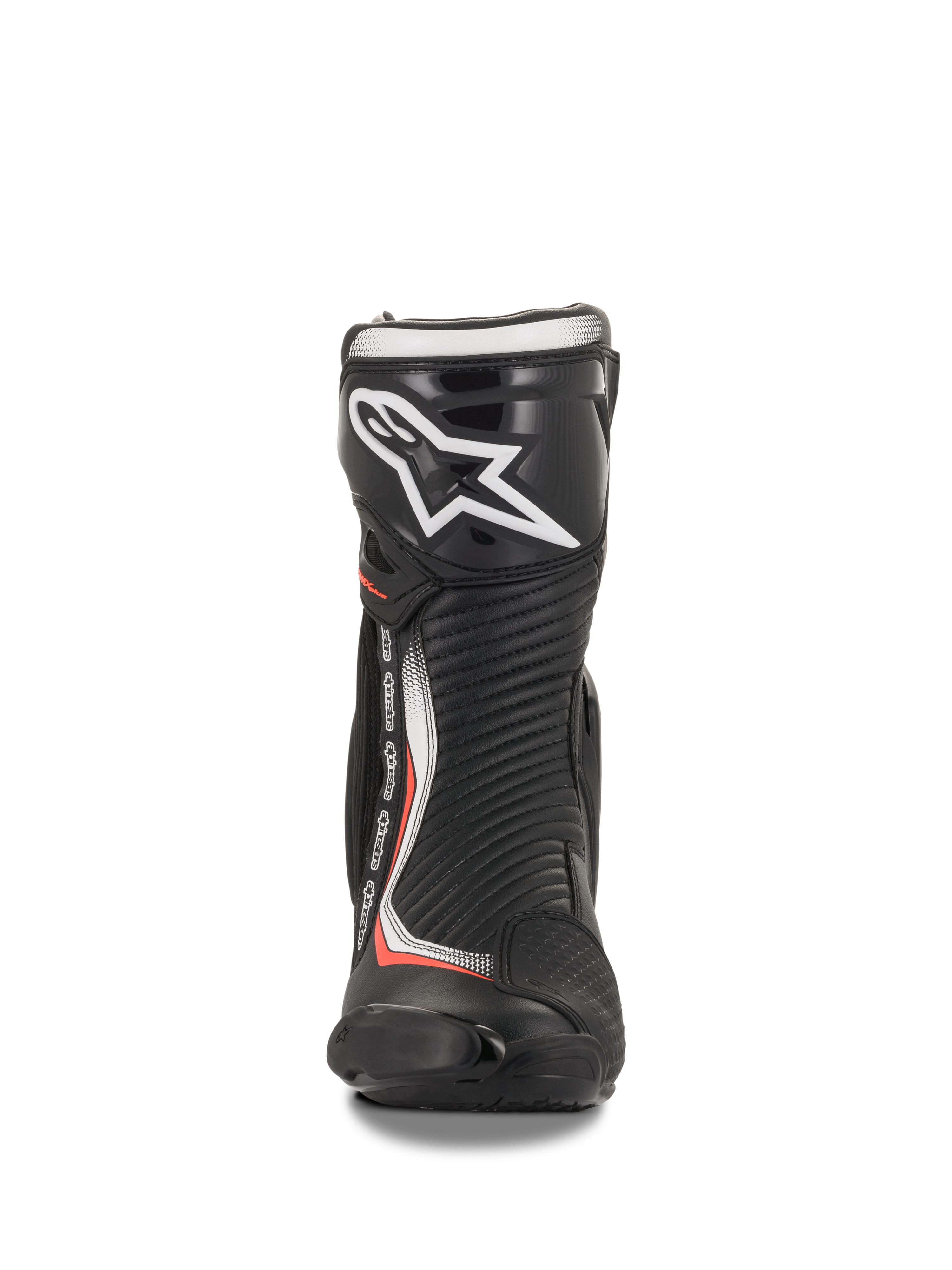 Buty Alpinestars SMX Plus V2, wyścigowe buty motocyklowe, czarno-czerwone fluo, widok z przodu, ochraniacz piszczeli TPU.