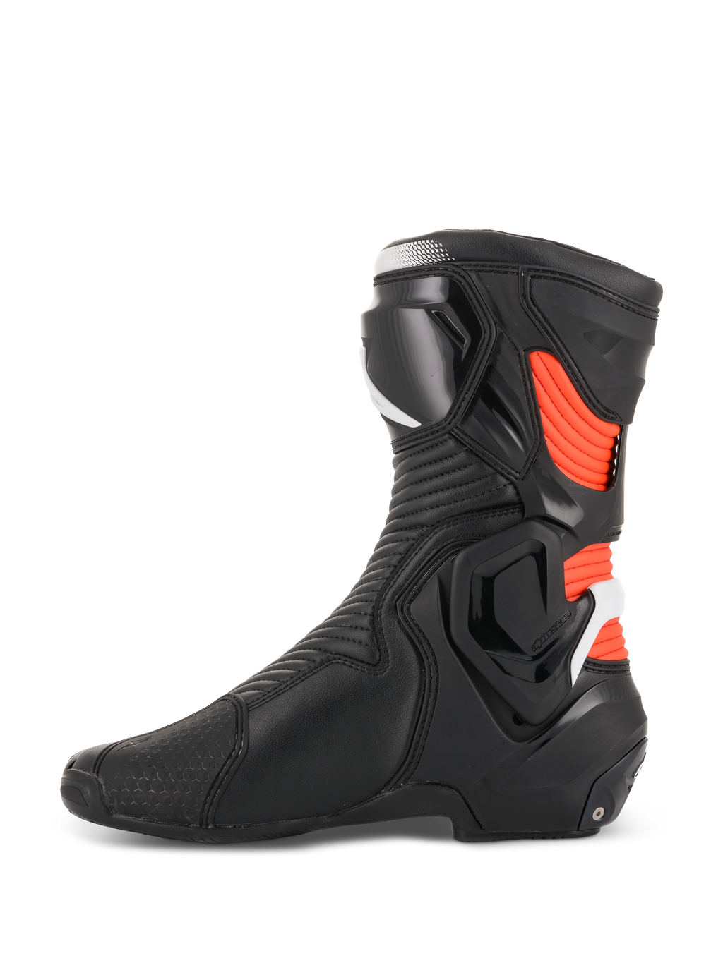 Alpinestars SMX Plus V2, męskie buty motocyklowe wyścigowe, czarne i czerwone fluo, widok z boku z ochraniaczami TPU.