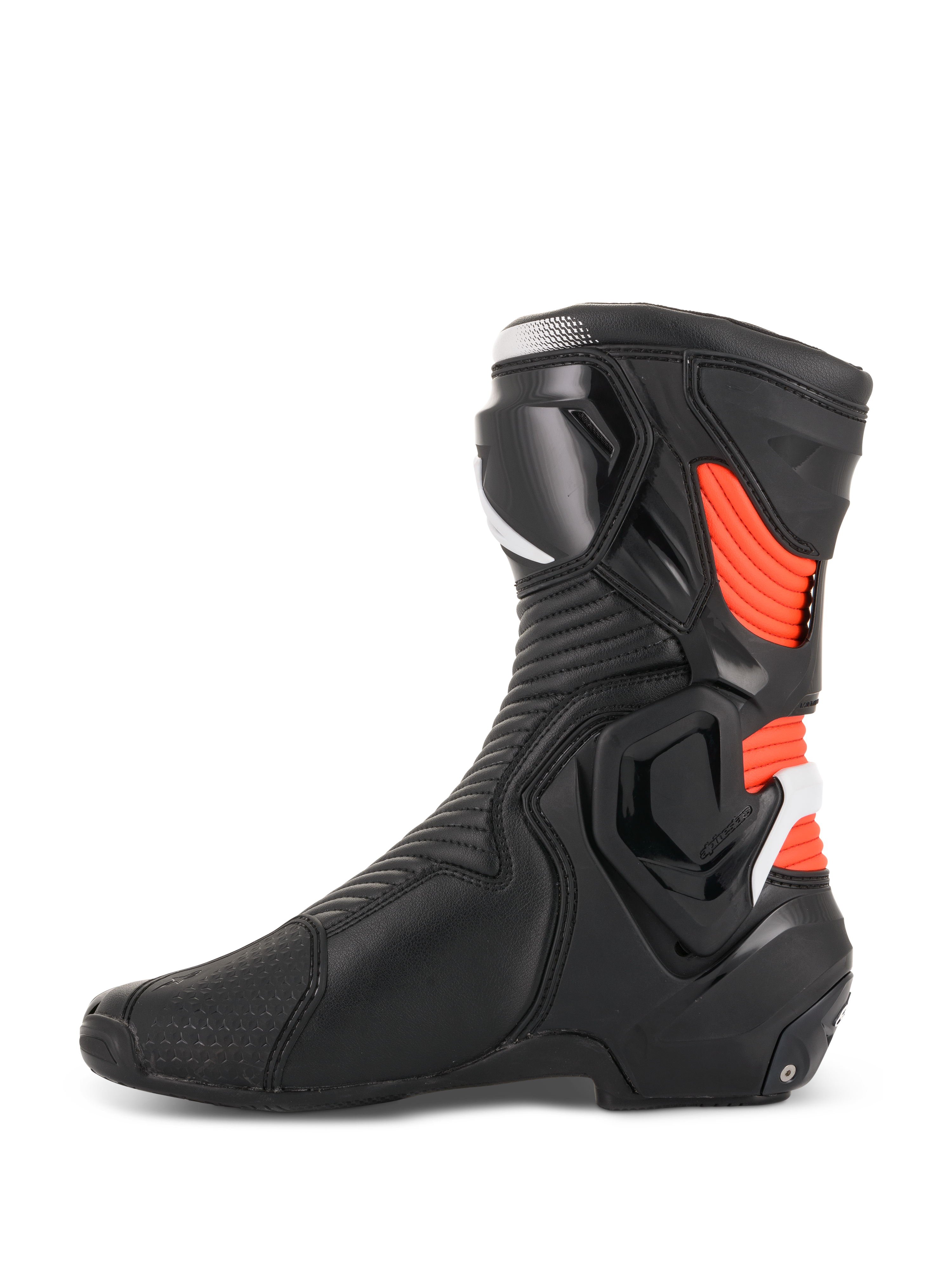 Alpinestars SMX Plus V2, męskie buty motocyklowe wyścigowe, czarne i czerwone fluo, widok z boku z ochraniaczami TPU.