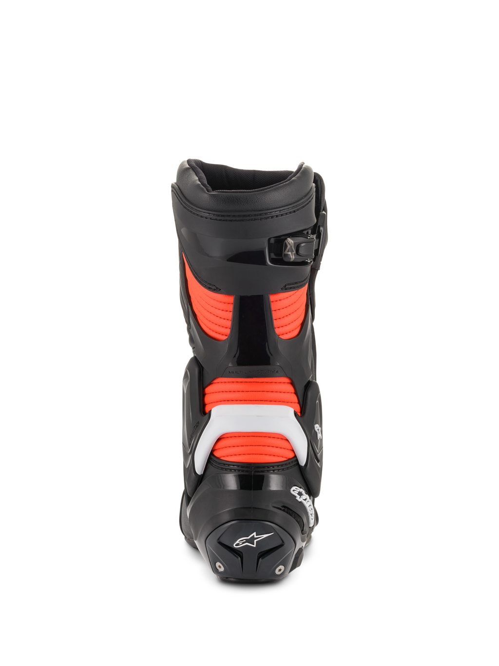 Alpinestars SMX Plus V2, męskie buty motocyklowe wyścigowe, czarno-czerwone fluo, biała ochrona TPU, widok z tyłu.