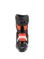 Alpinestars SMX Plus V2, męskie buty motocyklowe wyścigowe, czarno-czerwone fluo, biała ochrona TPU, widok z tyłu.
