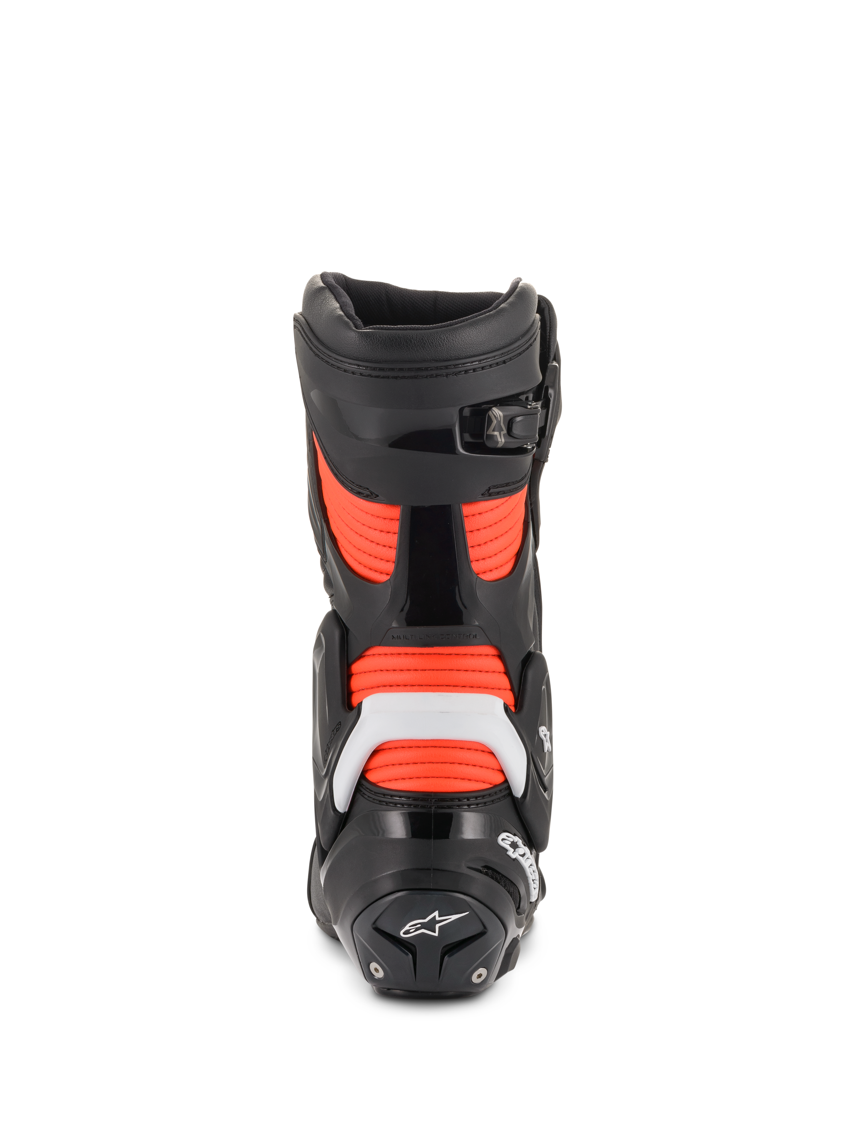 Alpinestars SMX Plus V2, męskie buty motocyklowe wyścigowe, czarno-czerwone fluo, biała ochrona TPU, widok z tyłu.