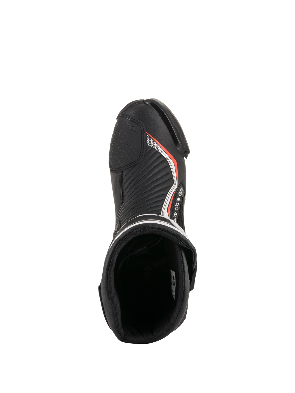 Alpinestars SMX Plus V2, buty motocyklowe wyścigowe, czarne i czerwone fluo, widok z góry na wyściełane wnętrze i czubek.