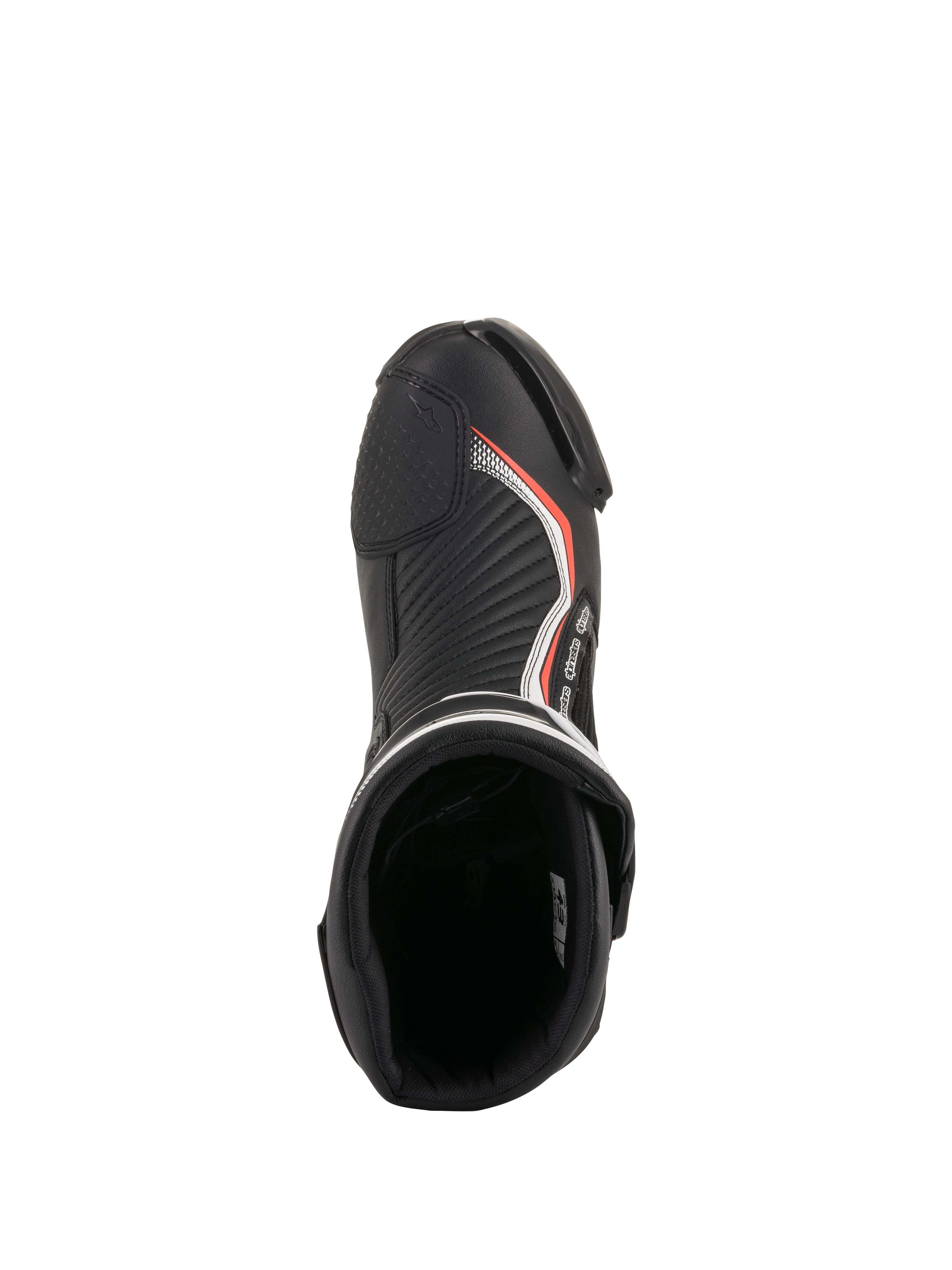 Alpinestars SMX Plus V2, buty motocyklowe wyścigowe, czarne i czerwone fluo, widok z góry na wyściełane wnętrze i czubek.