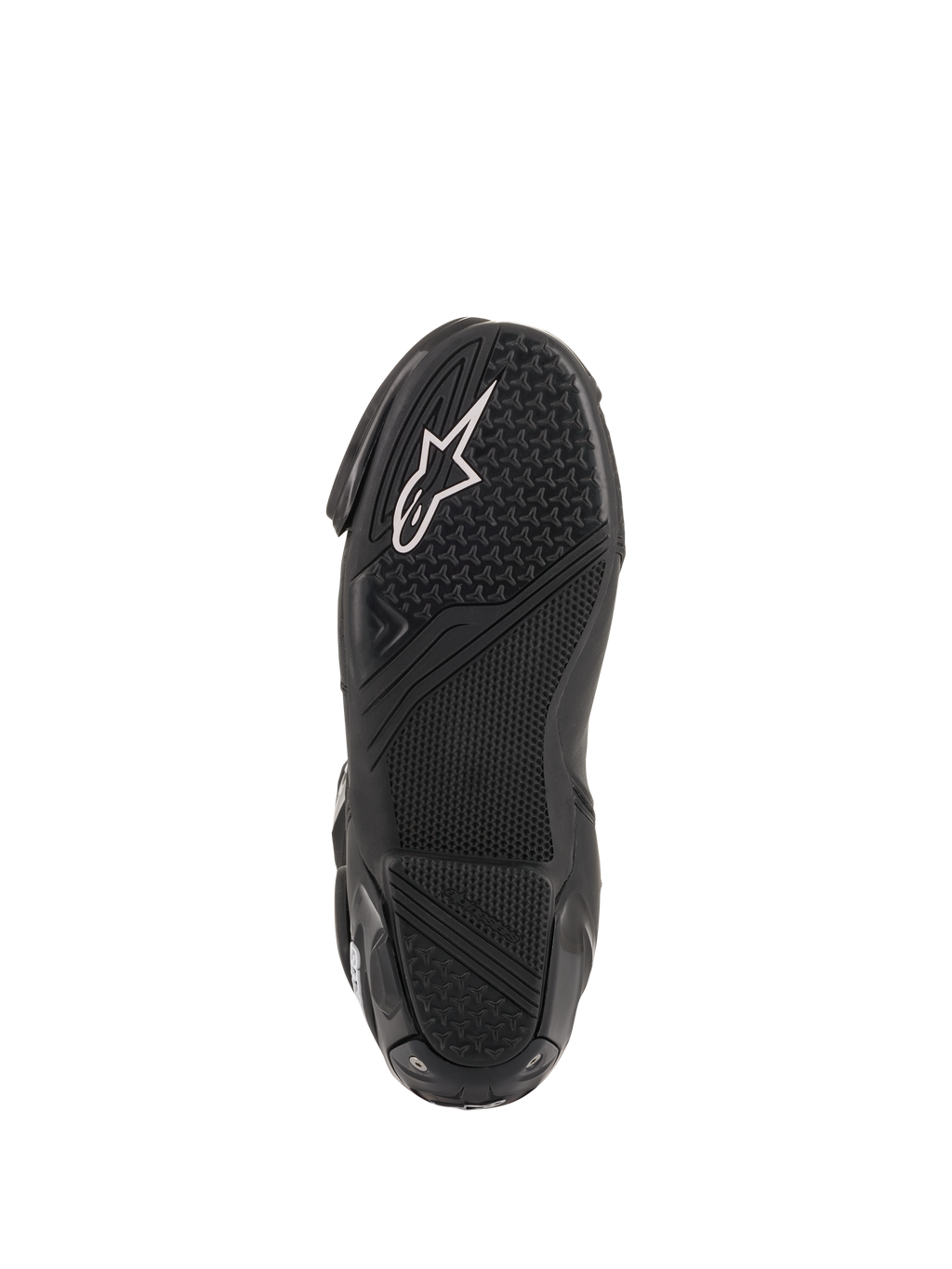 Alpinestars SMX Plus V2, buty wyścigowe, czarna teksturowana gumowa podeszwa z białym logo i wzorem o wysokiej przyczepności.