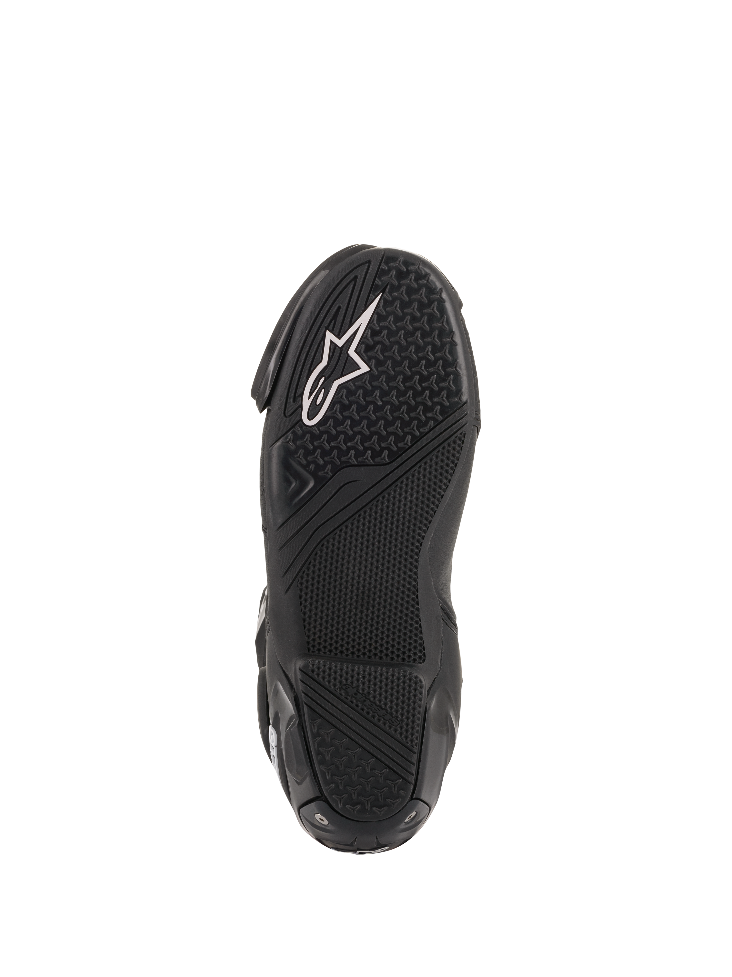 Alpinestars SMX Plus V2, buty wyścigowe, czarna teksturowana gumowa podeszwa z białym logo i wzorem o wysokiej przyczepności.