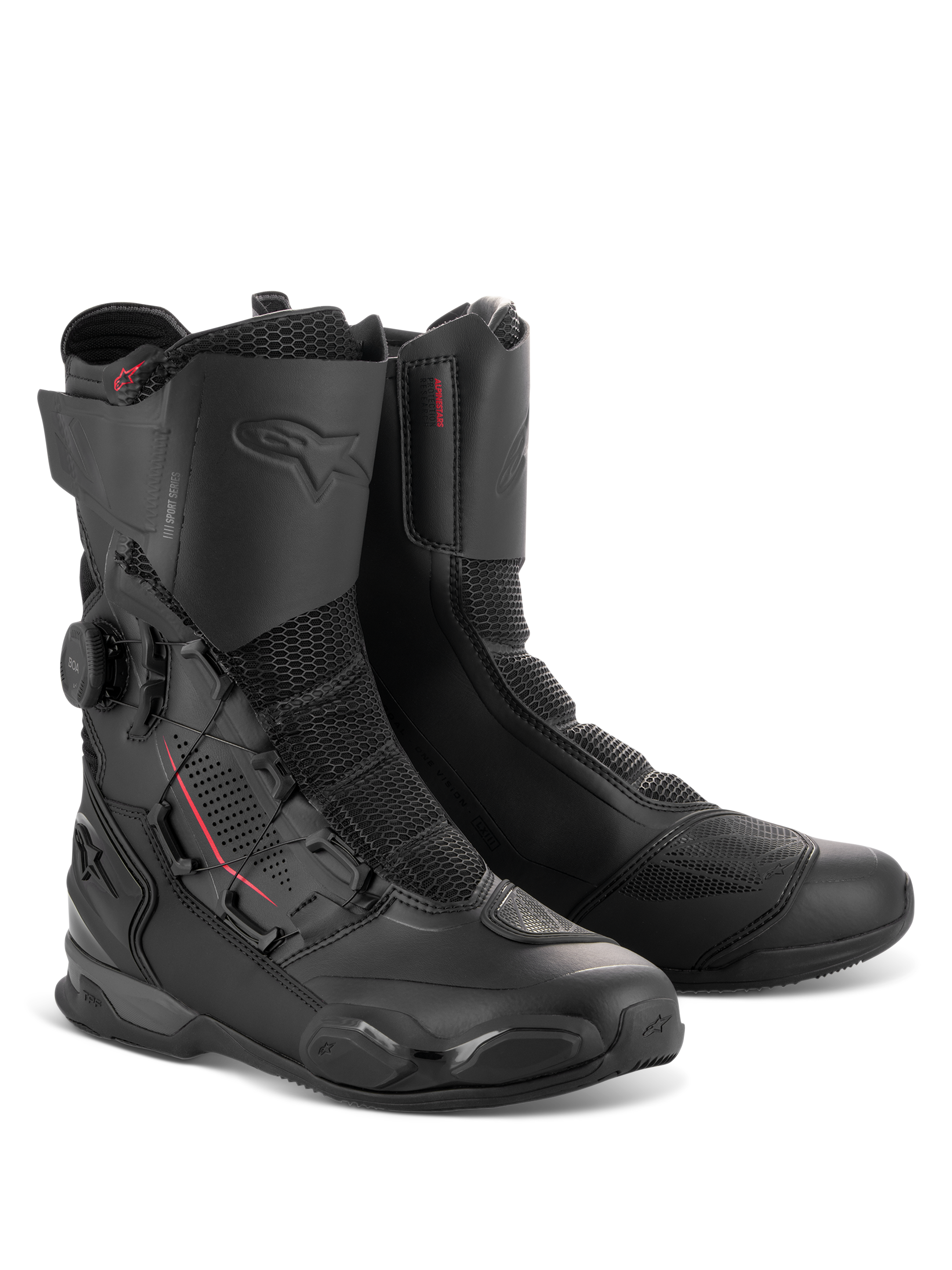 Alpinestars SP-X BOA® Boots, sportowe buty motocyklowe o średniej wysokości w kolorze czarnym (Black Black), wyposażone w boczny system dopasowania BOA, panele z siatki Rideknit oraz ochronne wzmocnienia TPU do jazdy szosowej.