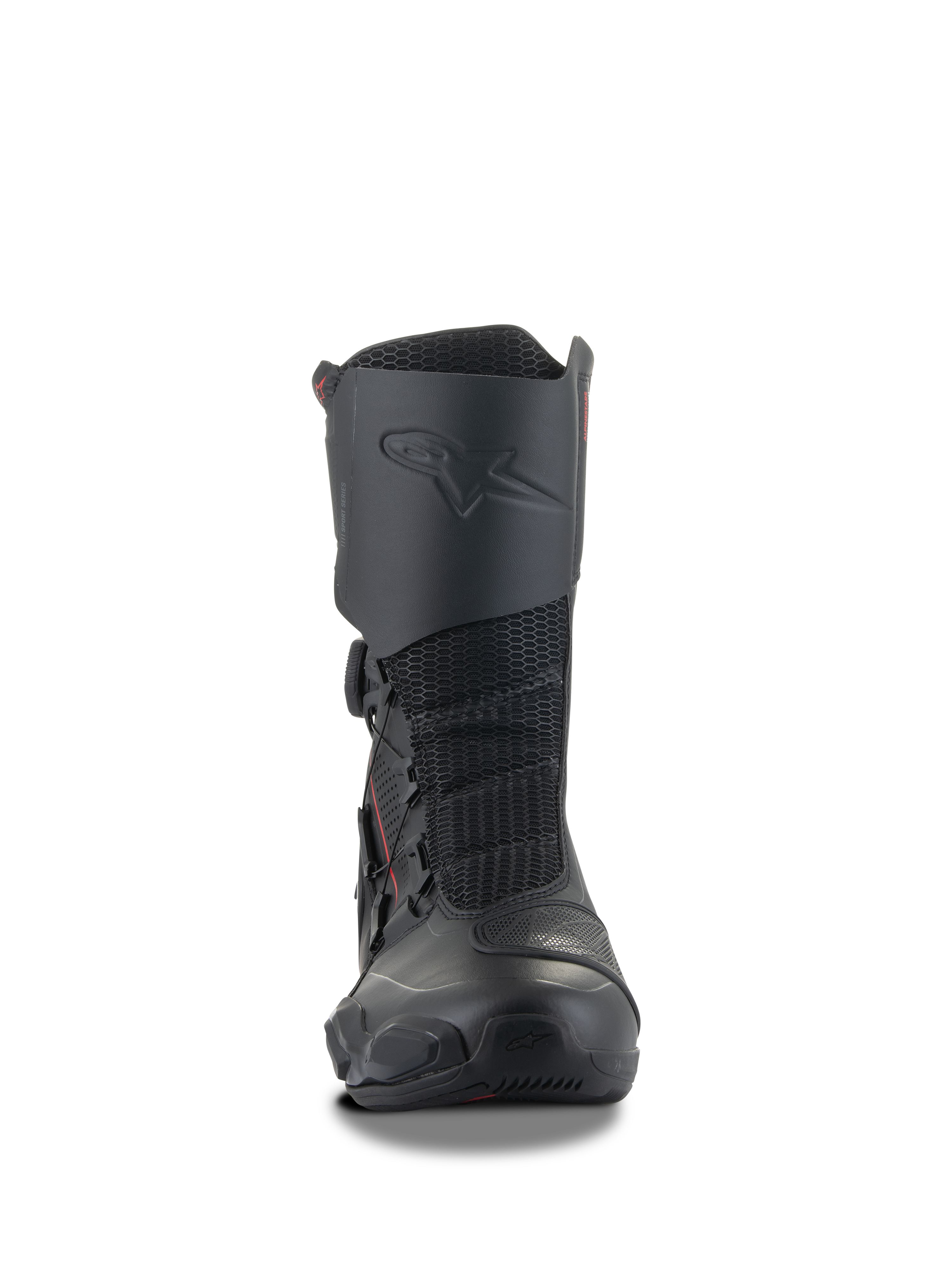 Buty Alpinestars SP-X BOA®, czarne sportowe buty motocyklowe, średniej wysokości konstrukcja ze zintegrowanym ochraniaczem goleni, elastyczne panele z siatki i boczny system zapięcia BOA, smukły profil ergonomiczny do jazdy sportowo-turystycznej