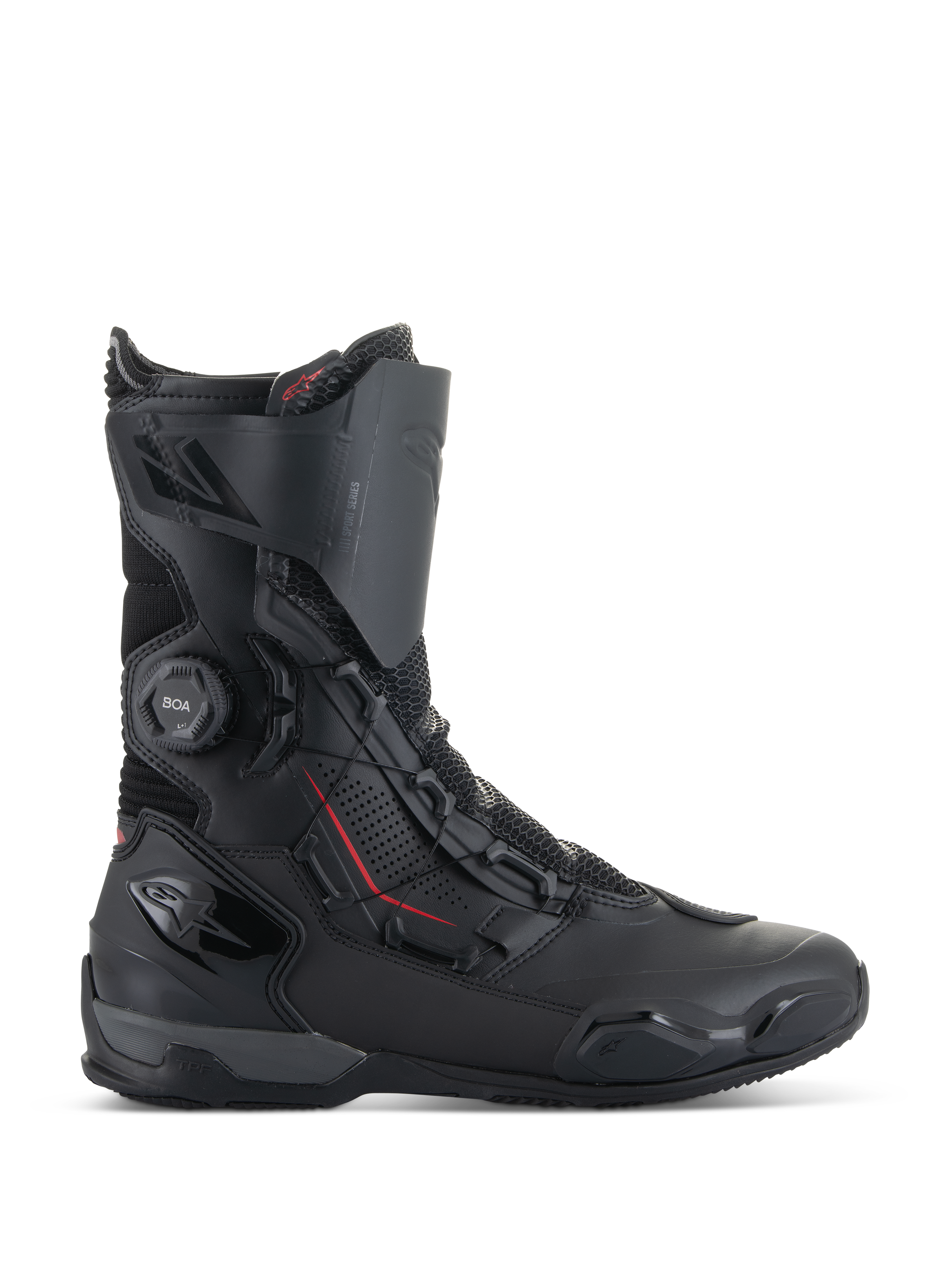 Alpinestars SP-X BOA® Boots, sportowe buty motocyklowe, czarne z czerwonymi akcentami, pokrętło systemu BOA®, konstrukcja o średniej wysokości z panelami z mikrofibry i siateczki, ochrona pięty i palców z TPU, elegancki design do jazdy szosowej