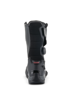 Buty Alpinestars SP-X BOA, sportowe buty motocyklowe o średniej wysokości, czarne, widok z tyłu podkreślający żebrowany harmonijkowy panel elastyczny, wzmocniony zapiętek TPU oraz boczne pokrętło systemu BOA Fit