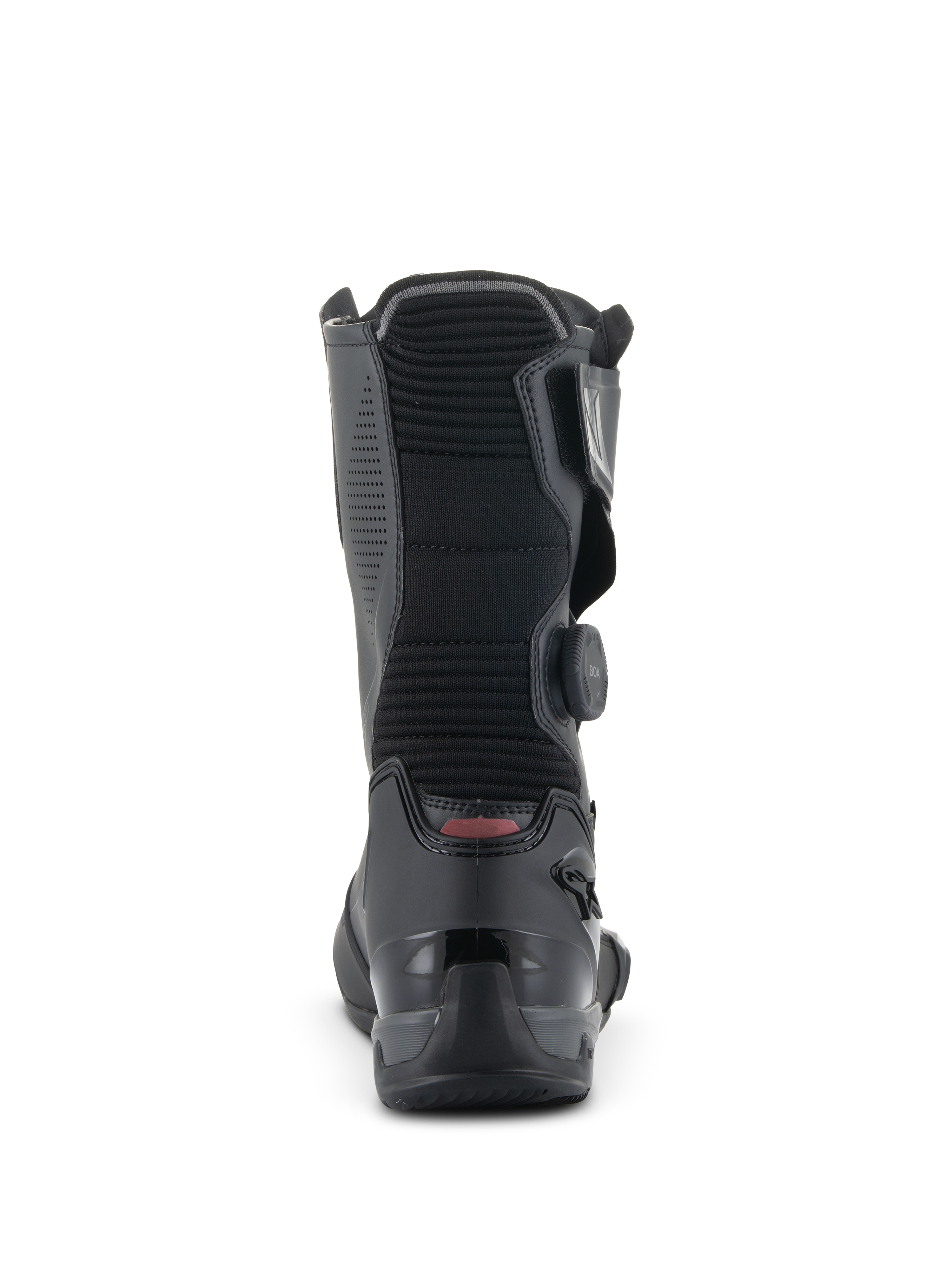 Buty Alpinestars SP-X BOA, sportowe buty motocyklowe o średniej wysokości, czarne, widok z tyłu podkreślający żebrowany harmonijkowy panel elastyczny, wzmocniony zapiętek TPU oraz boczne pokrętło systemu BOA Fit