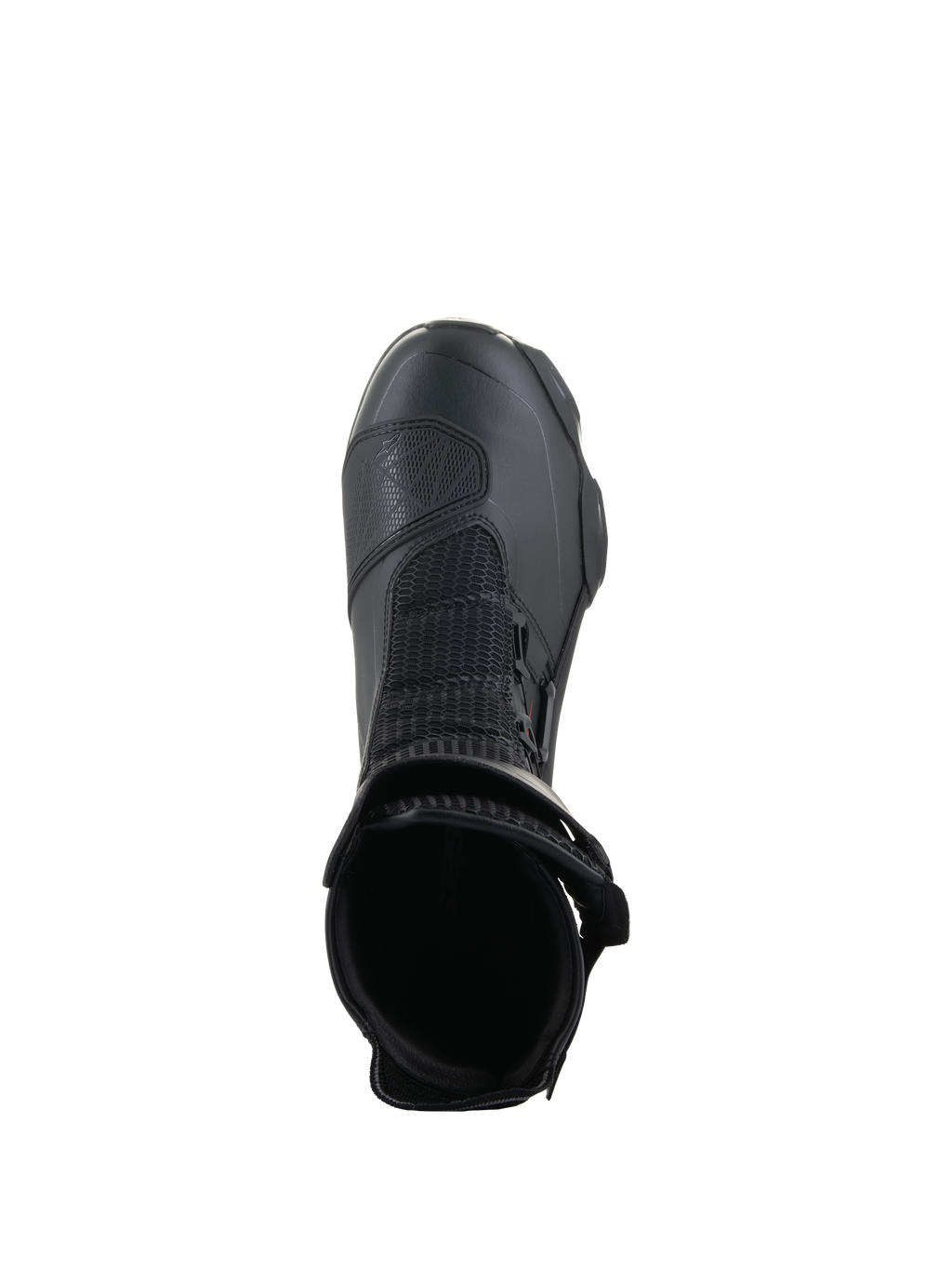 Buty Alpinestars SP-X BOA®, czarne, widok z góry na otwór kostki, z siatką Rideknit® i bocznym systemem dopasowania BOA®, smukłe sportowe buty motocyklowe o średniej wysokości