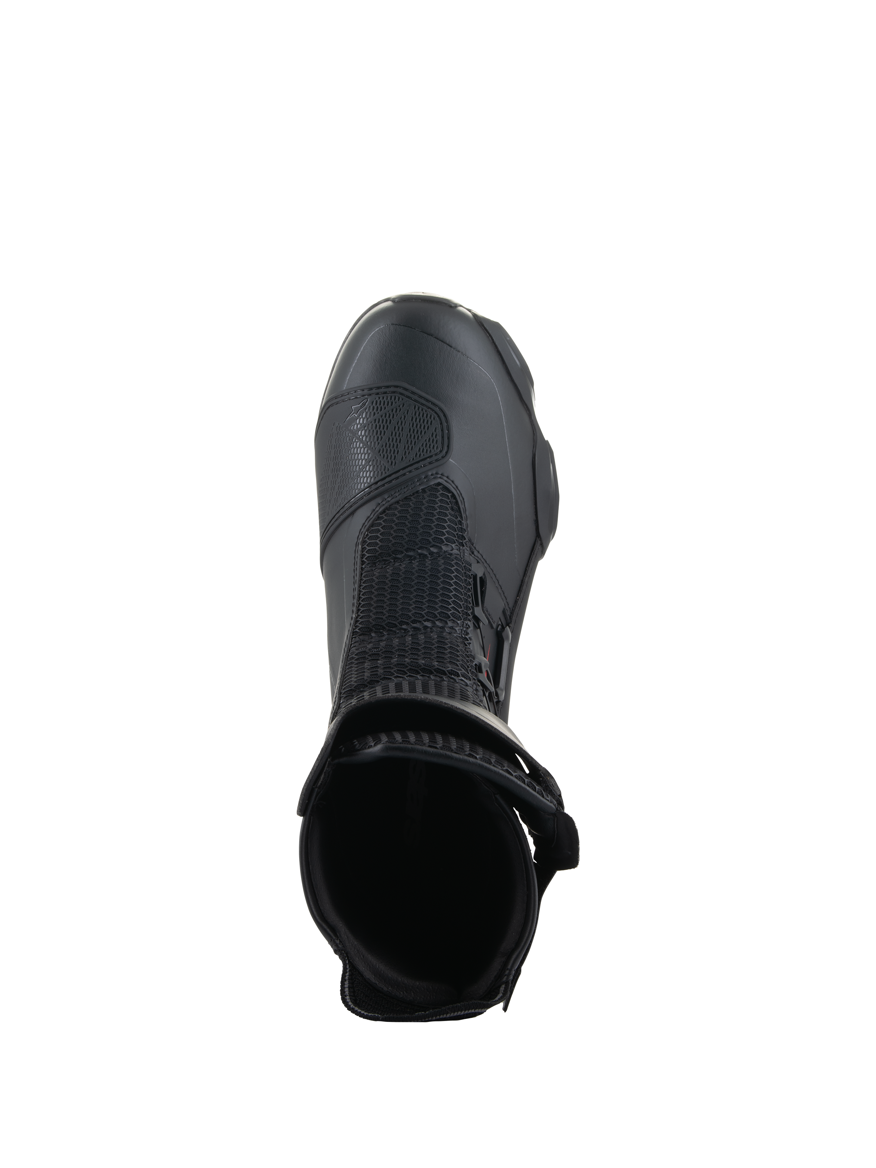 Buty Alpinestars SP-X BOA®, czarne, widok z góry na otwór kostki, z siatką Rideknit® i bocznym systemem dopasowania BOA®, smukłe sportowe buty motocyklowe o średniej wysokości