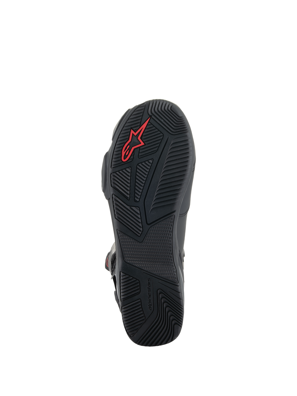 Buty Alpinestars SP-X BOA®, czarne buty motocyklowe, szczegółowy widok gumowej podeszwy z teksturowanym wzorem bieżnika, czerwonym logo Alpinestars i asymetryczną konstrukcją pięty zapewniającą stabilność podczas chodzenia.