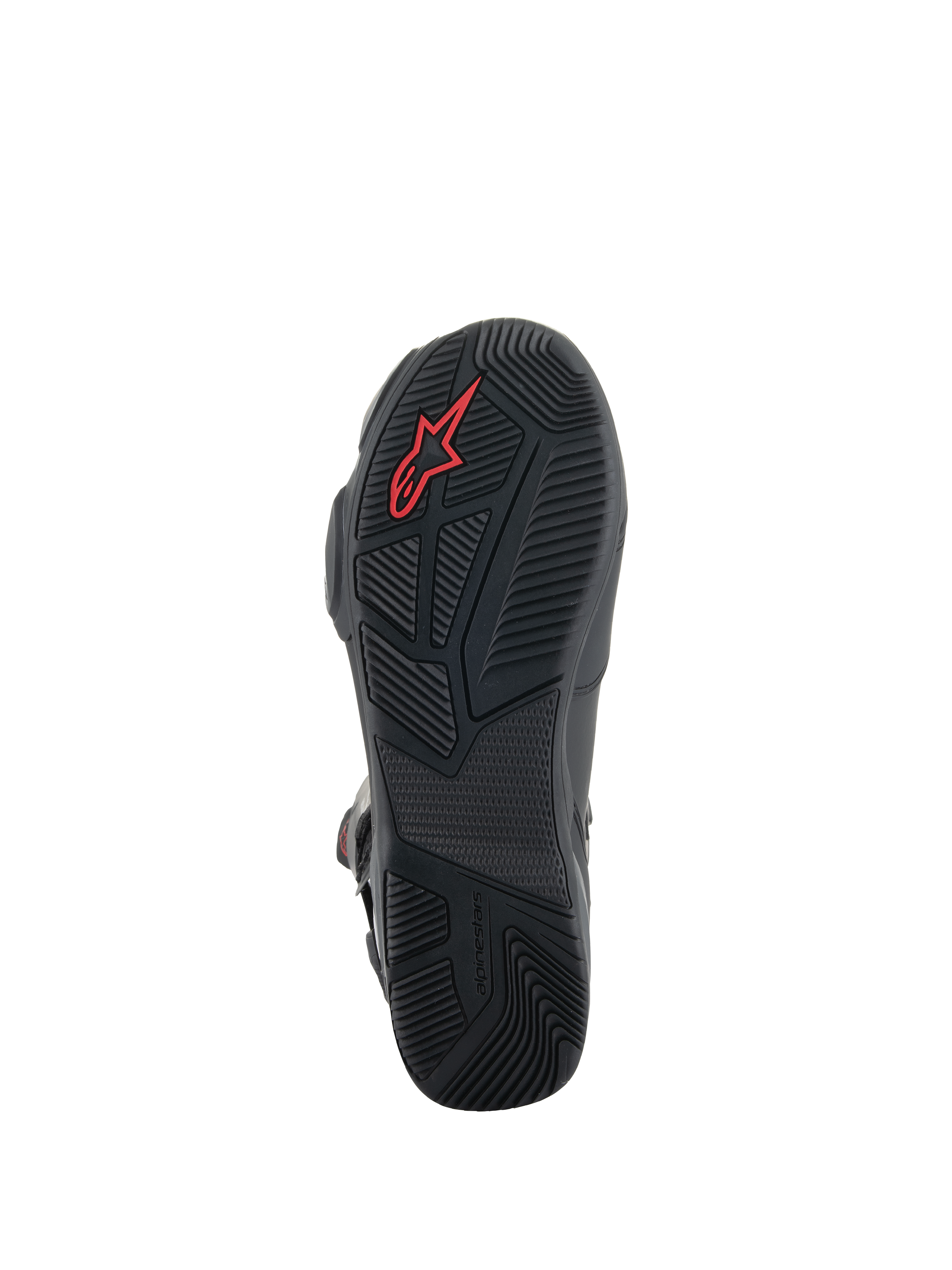 Buty Alpinestars SP-X BOA®, czarne buty motocyklowe, szczegółowy widok gumowej podeszwy z teksturowanym wzorem bieżnika, czerwonym logo Alpinestars i asymetryczną konstrukcją pięty zapewniającą stabilność podczas chodzenia.