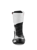 Buty Alpinestars SP-X BOA, widok z przodu, czarno-srebrne, sportowe buty motocyklowe o średniej wysokości, z białą cholewką z mikrofibry z wytłoczonym logo, czarnym środkiem z siatki i ochronnymi elementami TPU
