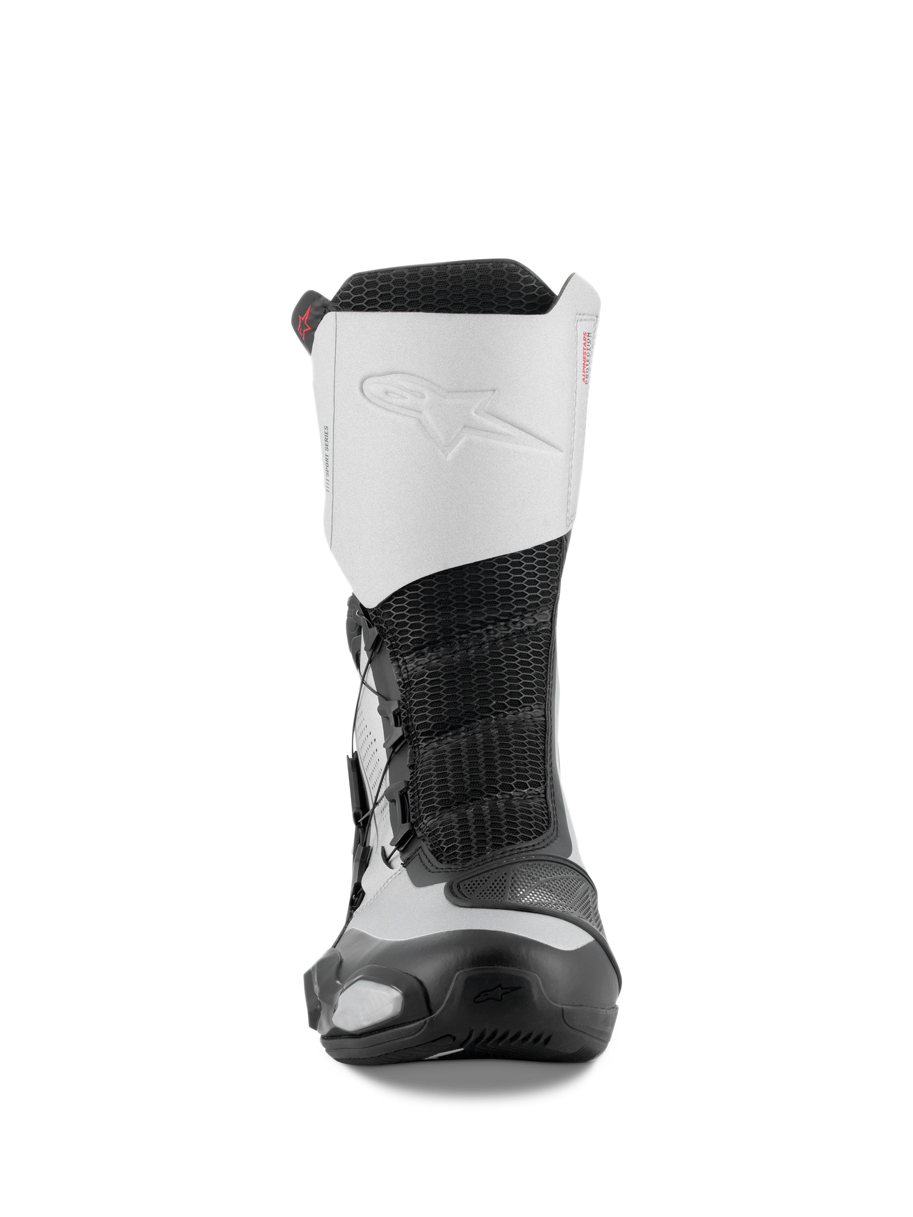 Buty Alpinestars SP-X BOA, widok z przodu, czarno-srebrne, sportowe buty motocyklowe o średniej wysokości, z białą cholewką z mikrofibry z wytłoczonym logo, czarnym środkiem z siatki i ochronnymi elementami TPU