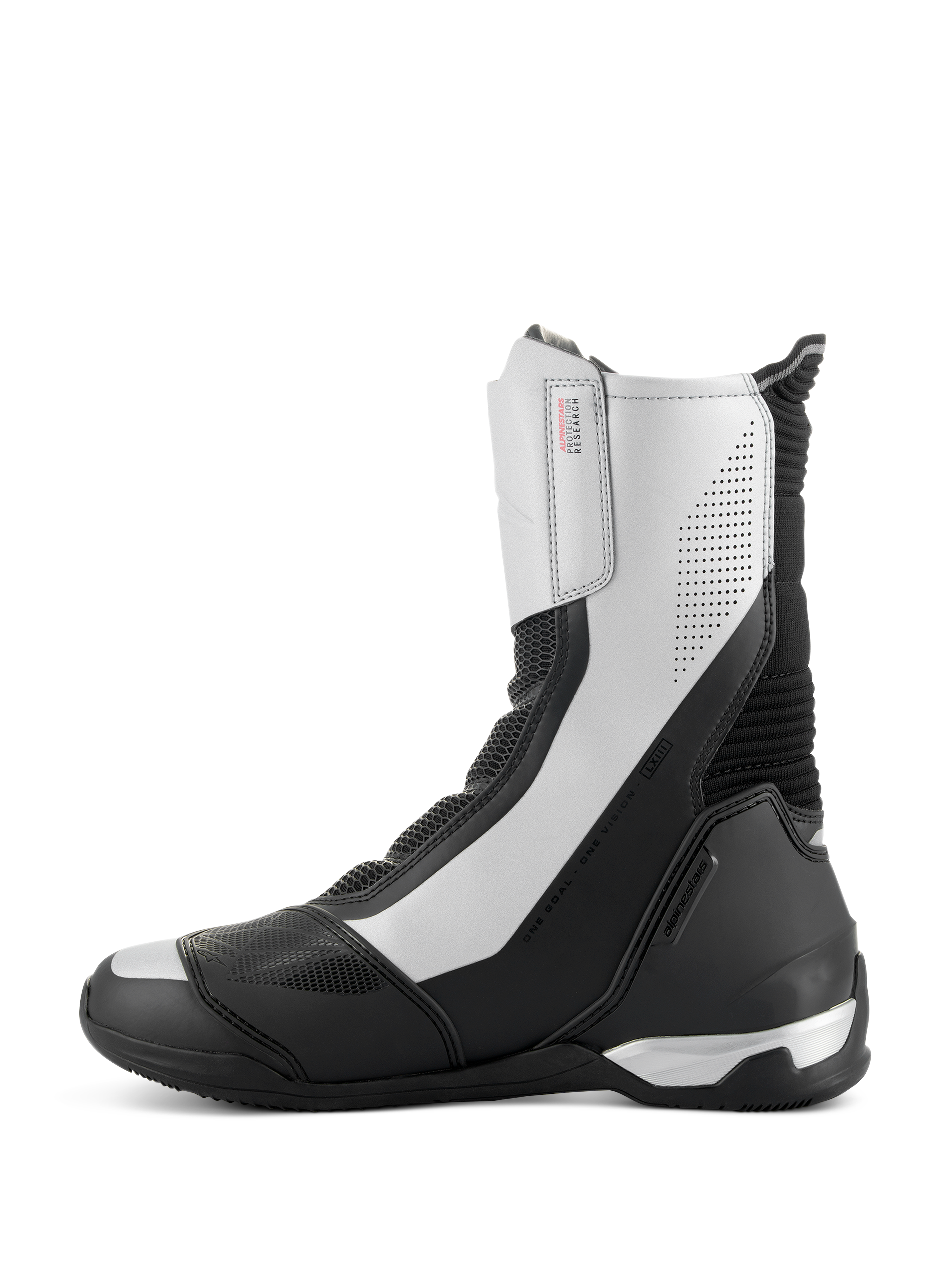 Buty Alpinestars SP-X BOA, sportowe buty motocyklowe o średniej wysokości, czarno-srebrne, smukły profil boczny ze srebrnymi panelami i perforowanymi detalami, czarny zapiętek TPU, branding Alpinestars