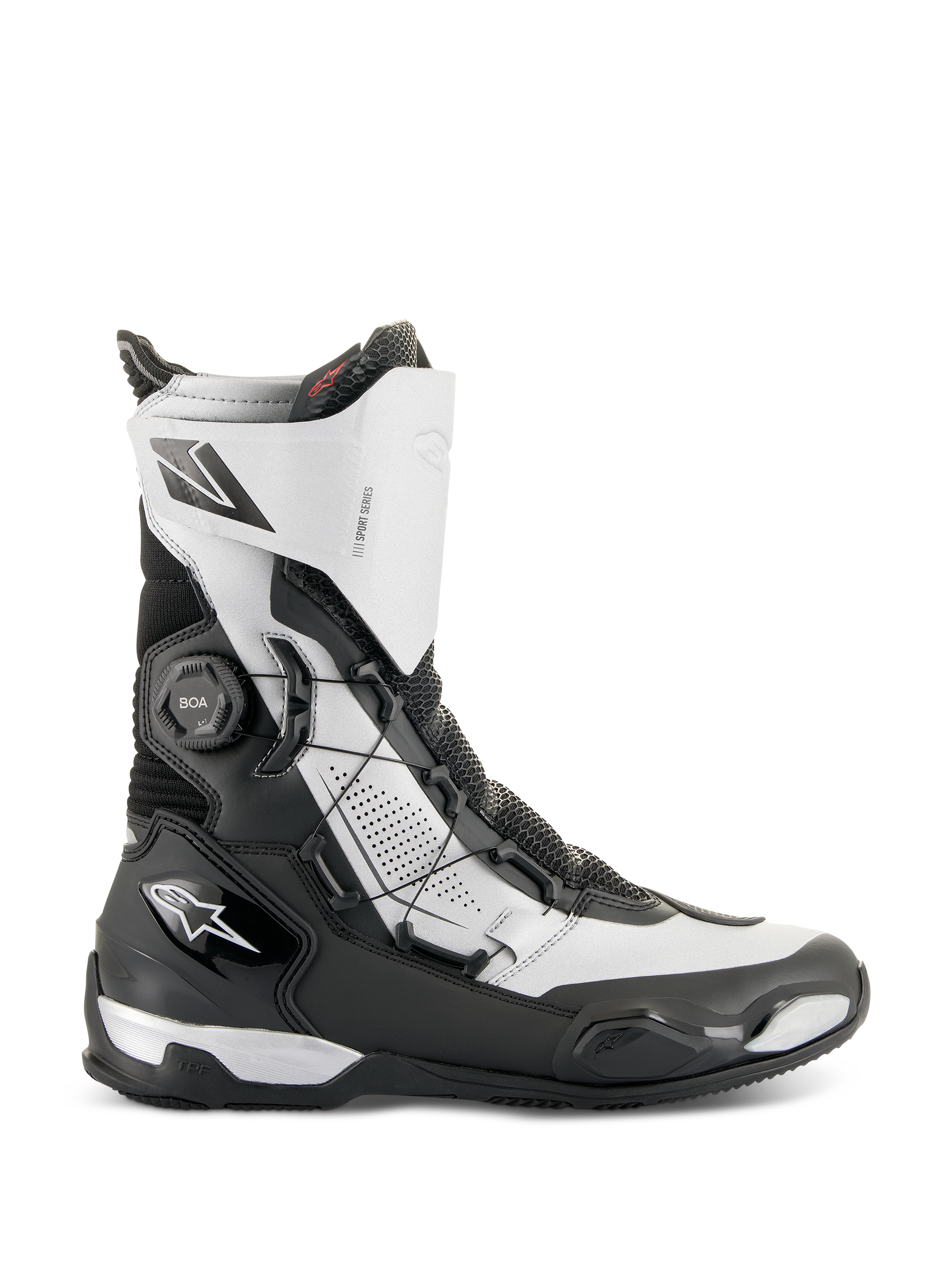 Alpinestars SP-X BOA® Boots, średniej wysokości sportowe buty motocyklowe, czarno-srebrne, z bocznym systemem BOA Fit System, ochroną TPU i oddychającym materiałem Rideknit, elegancki design do jazdy sportowo-turystycznej